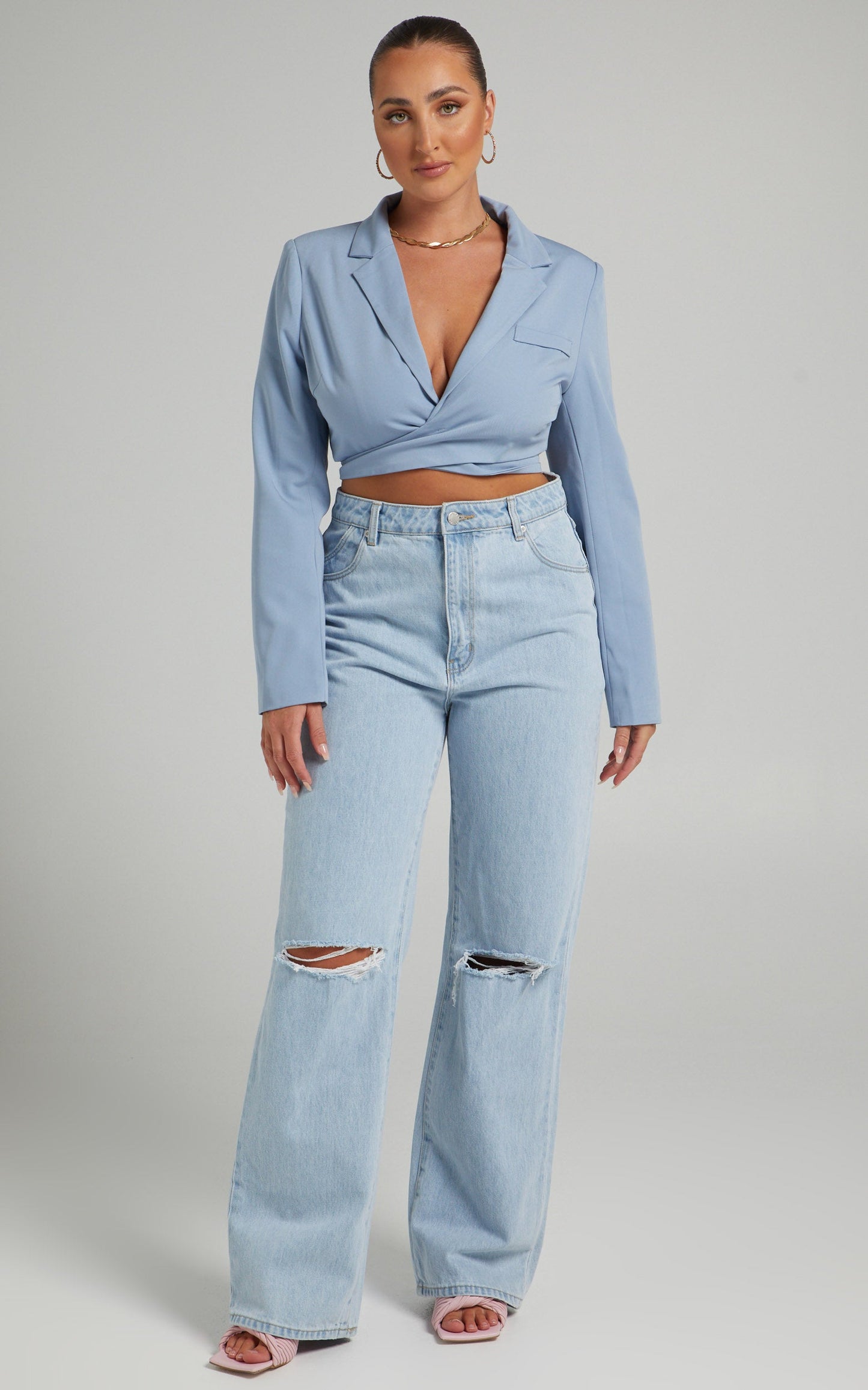 Catie Blazer - Crop Wrap Blazer in Blue