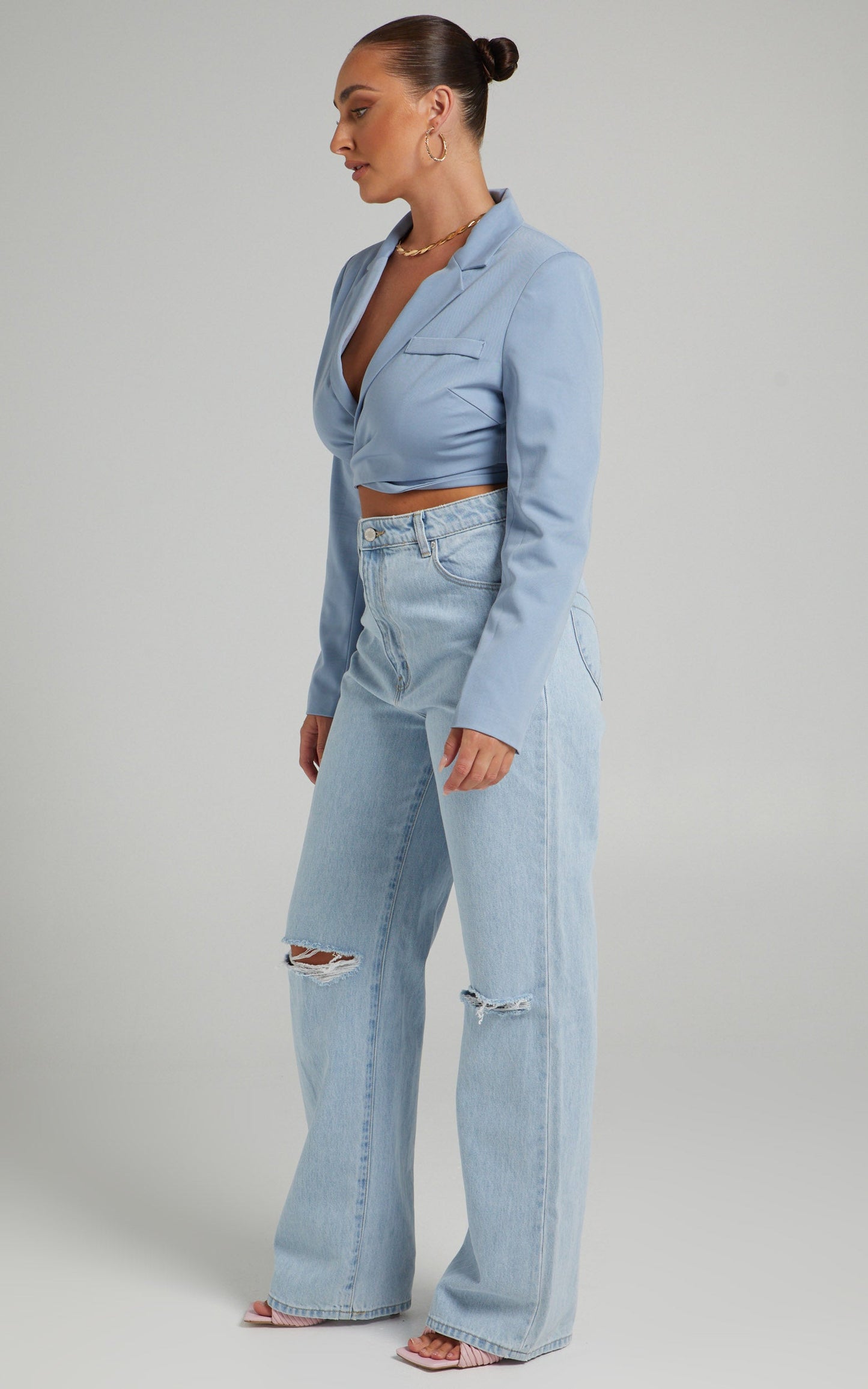 Catie Blazer - Crop Wrap Blazer in Blue