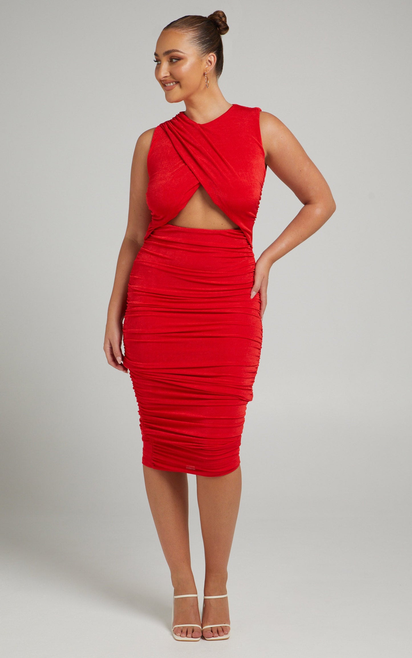 Selita Midi Dress -  Ruched High Neck Dress in Red