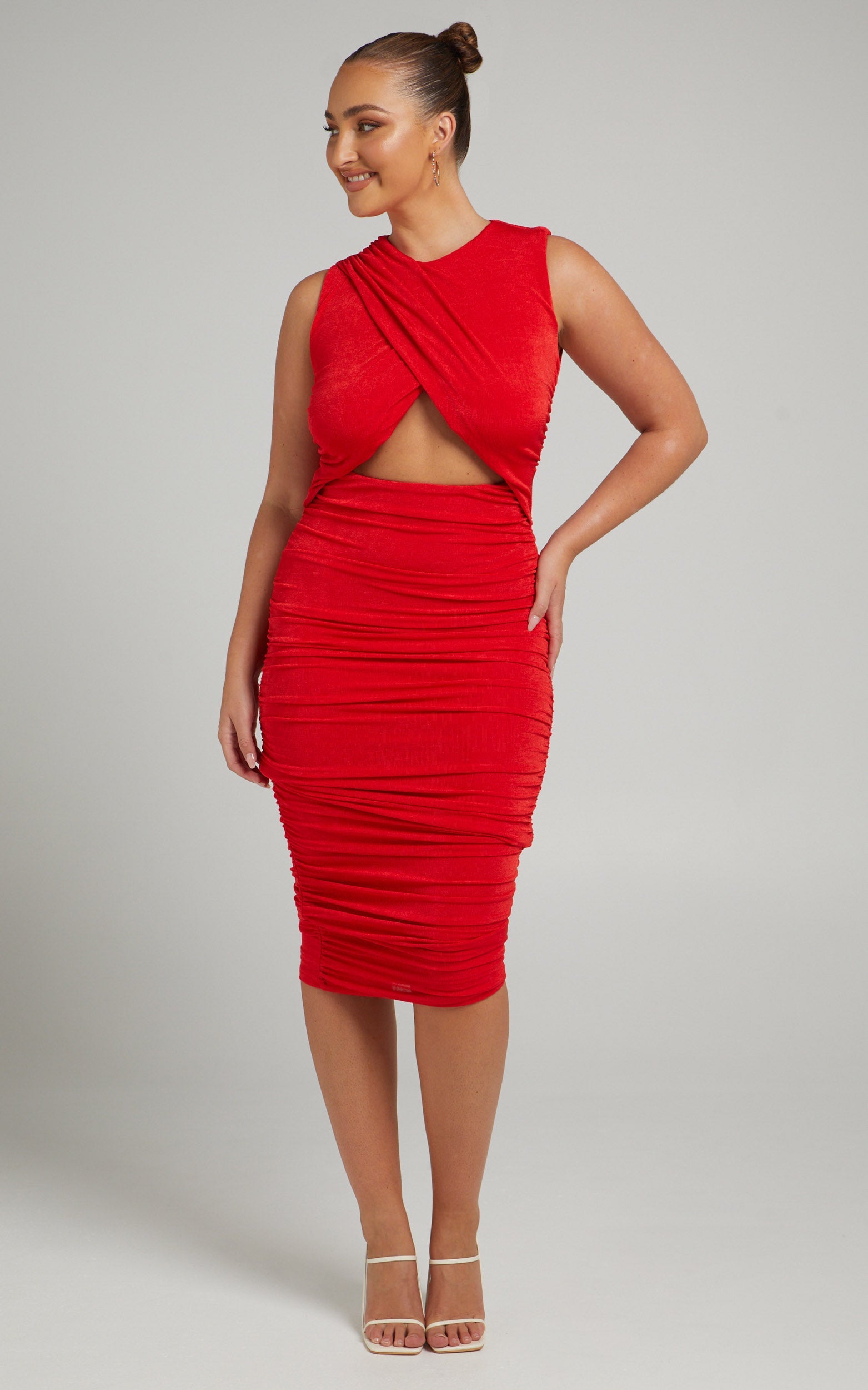 Selita Midi Dress -  Ruched High Neck Dress in Red