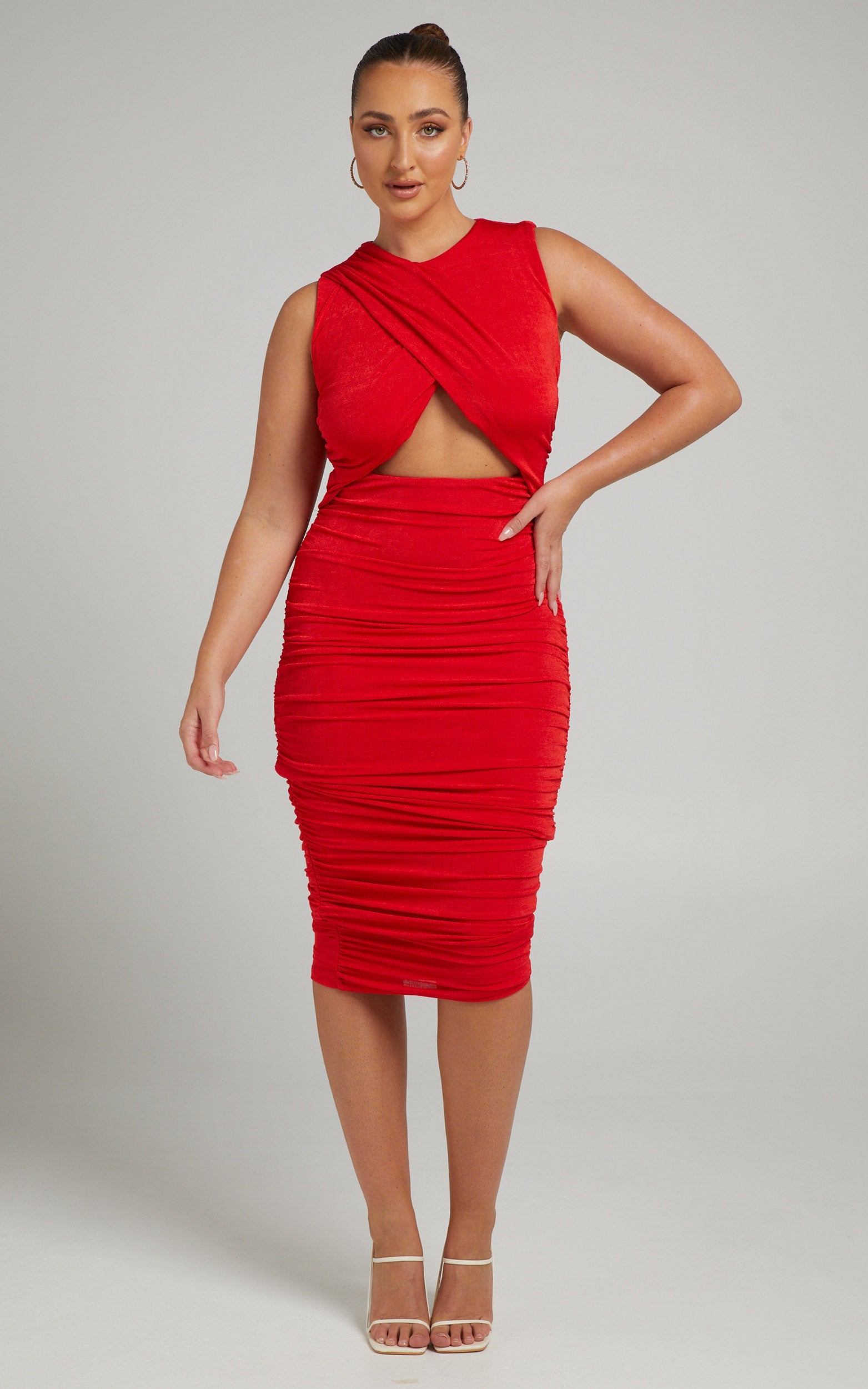 Selita Midi Dress -  Ruched High Neck Dress in Red