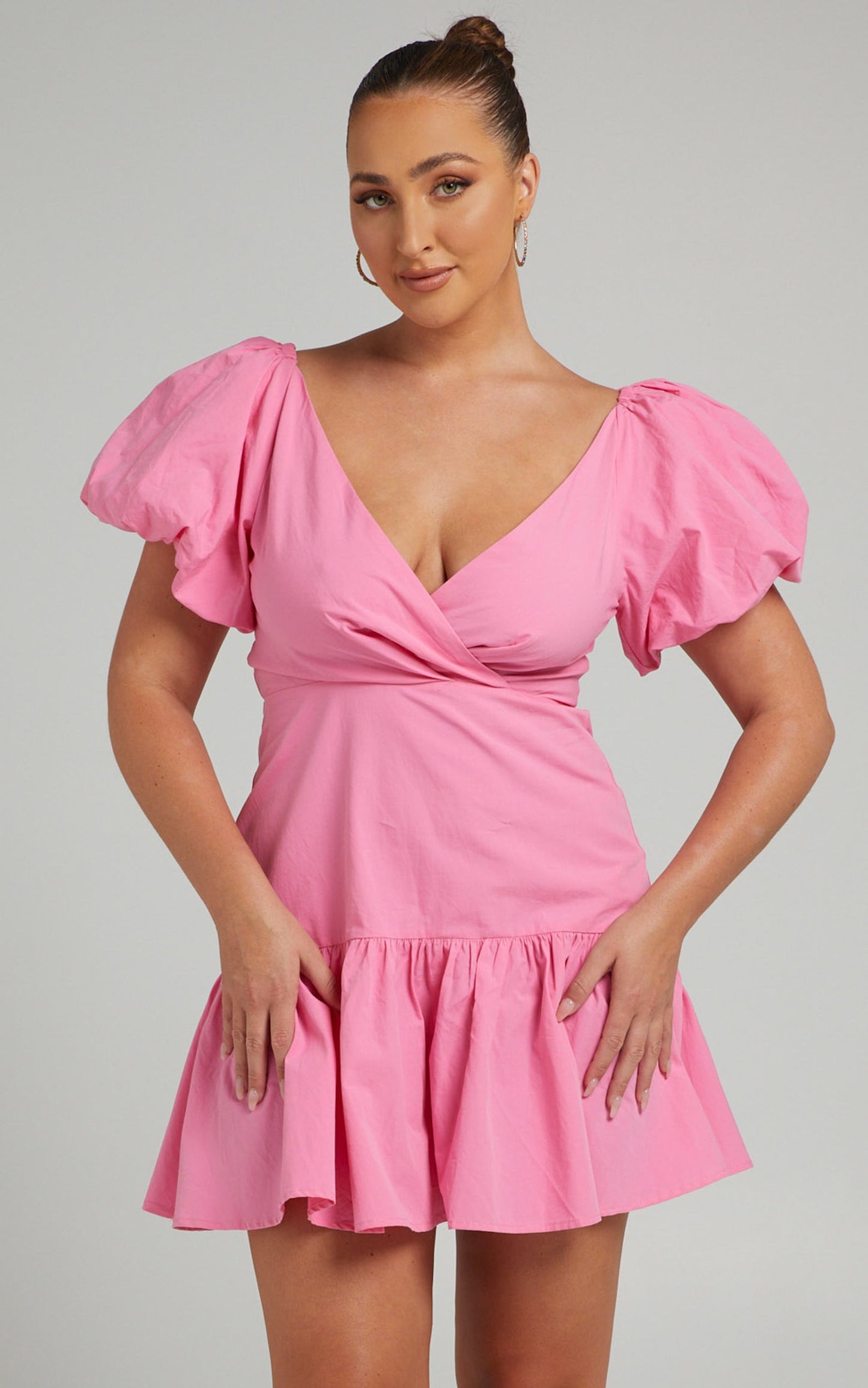 Brighton Mini Dress - Puff Sleeve Ruffle Dress in Bright Pink