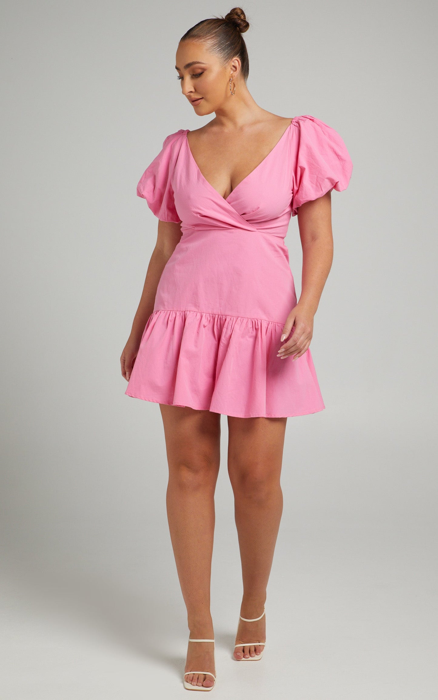 Brighton Mini Dress - Puff Sleeve Ruffle Dress in Bright Pink