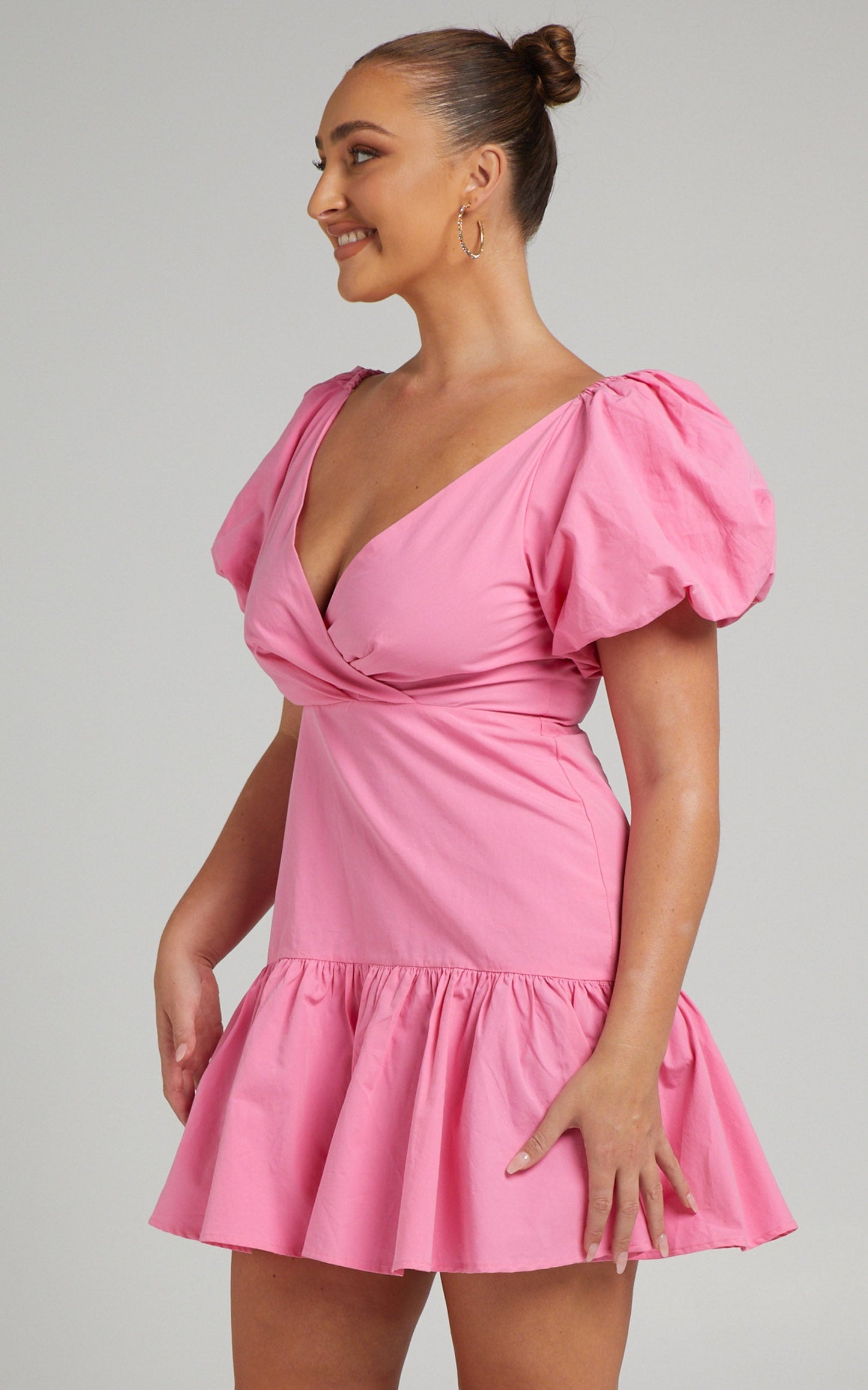 Brighton Mini Dress - Puff Sleeve Ruffle Dress in Bright Pink