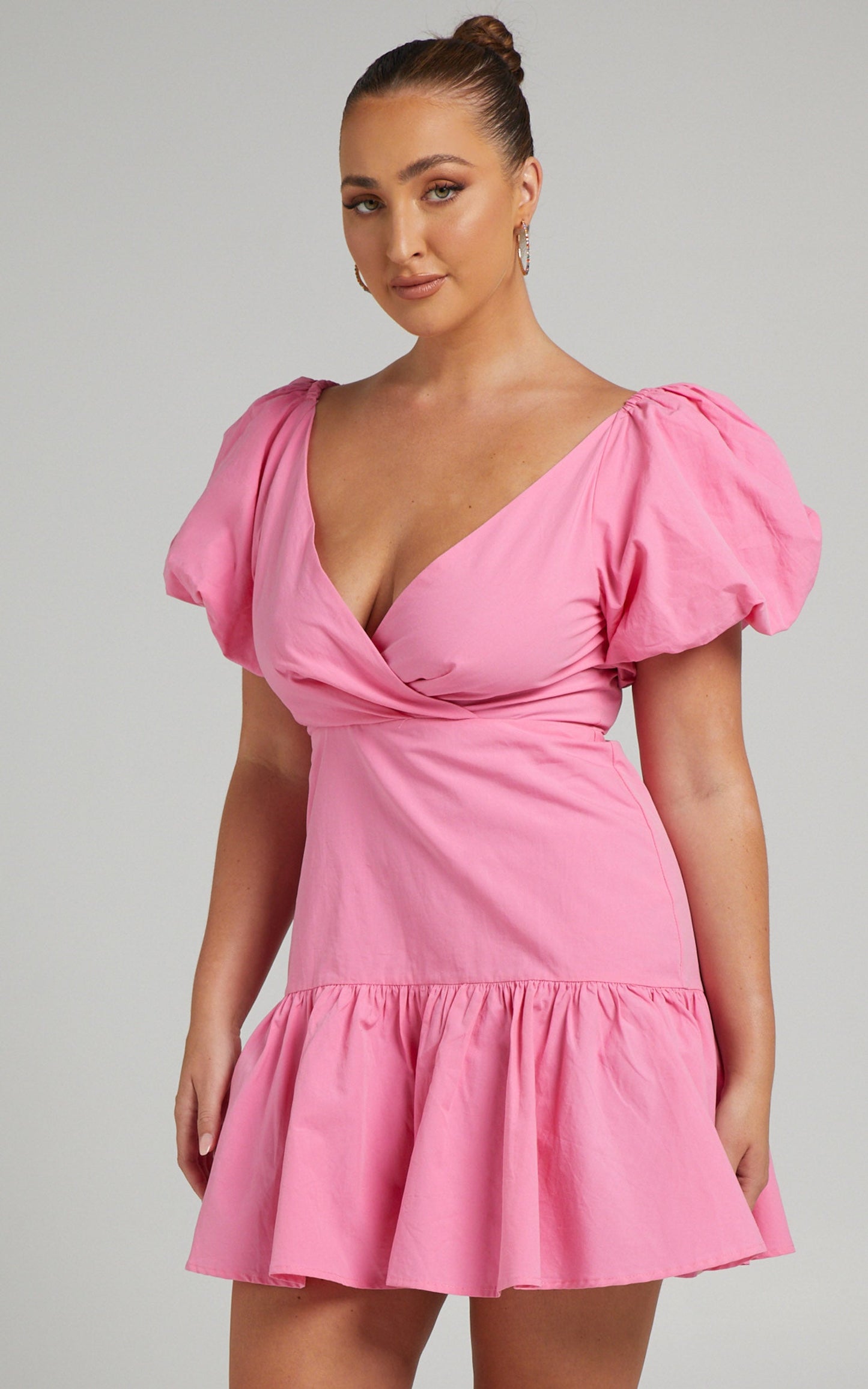 Brighton Mini Dress - Puff Sleeve Ruffle Dress in Bright Pink