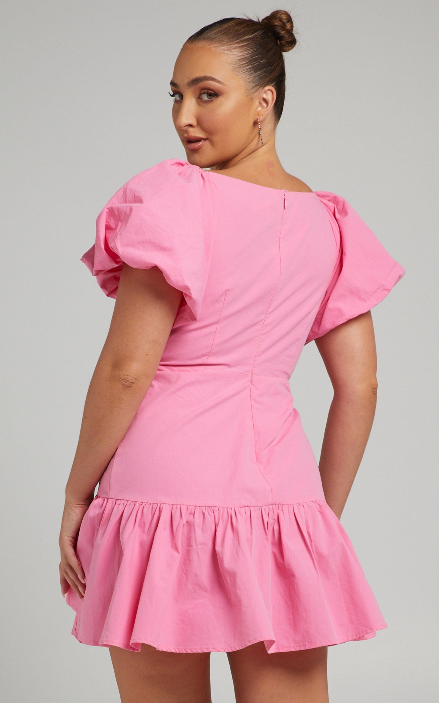 Brighton Mini Dress - Puff Sleeve Ruffle Dress in Bright Pink
