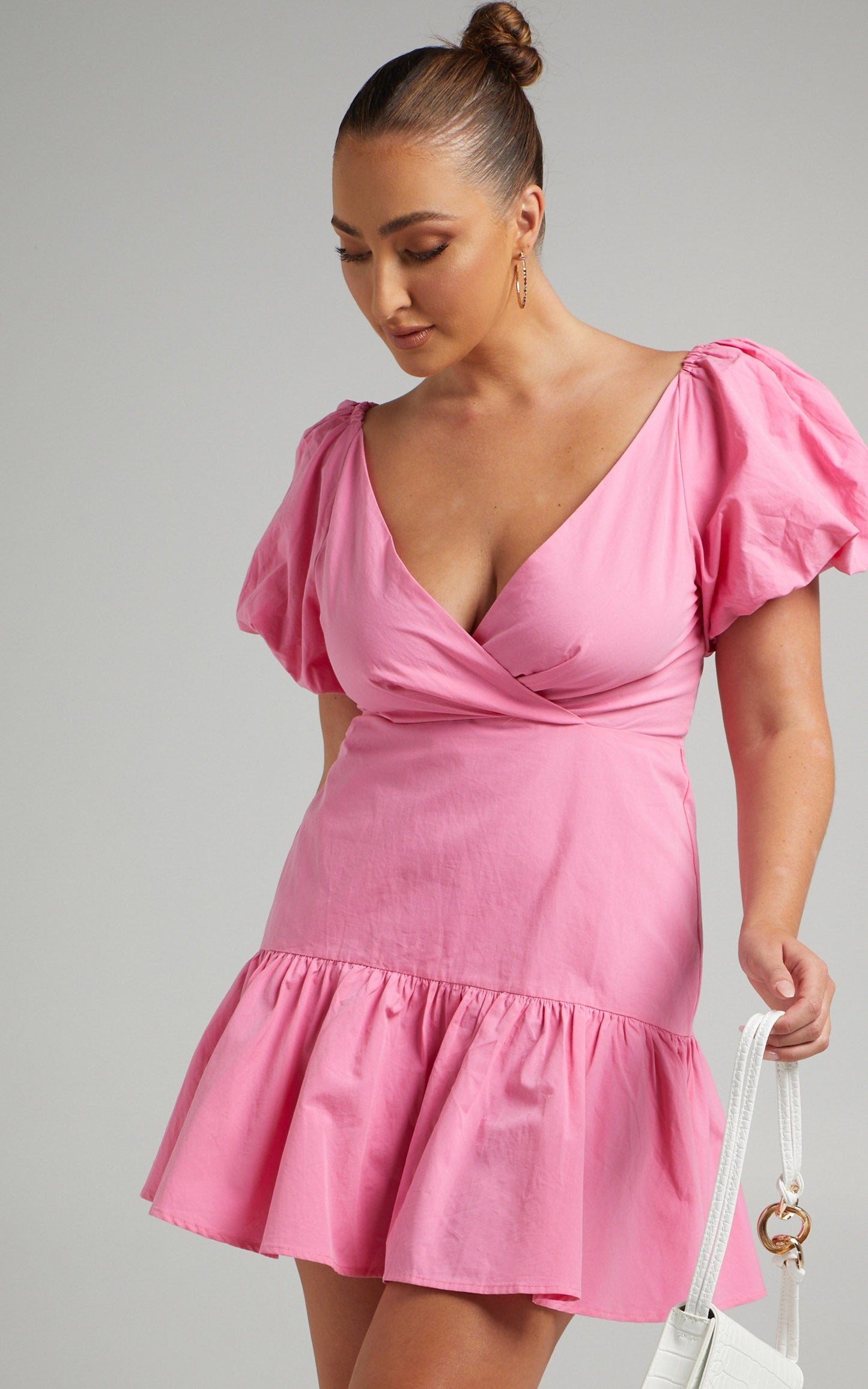 Brighton Mini Dress - Puff Sleeve Ruffle Dress in Bright Pink