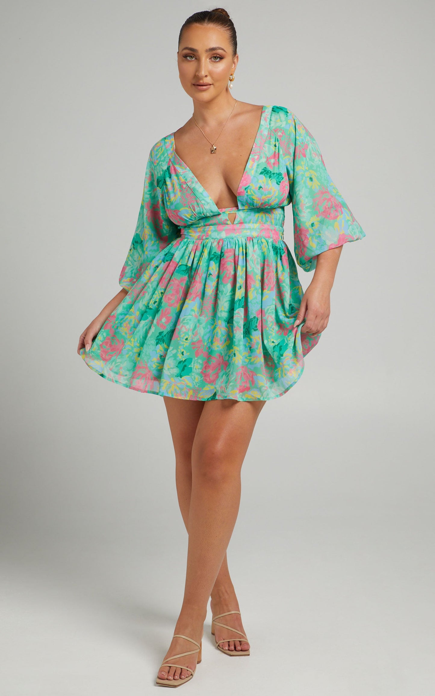 Valeraine Balloon Sleeve Open Back Mini Dress in Neon Floral