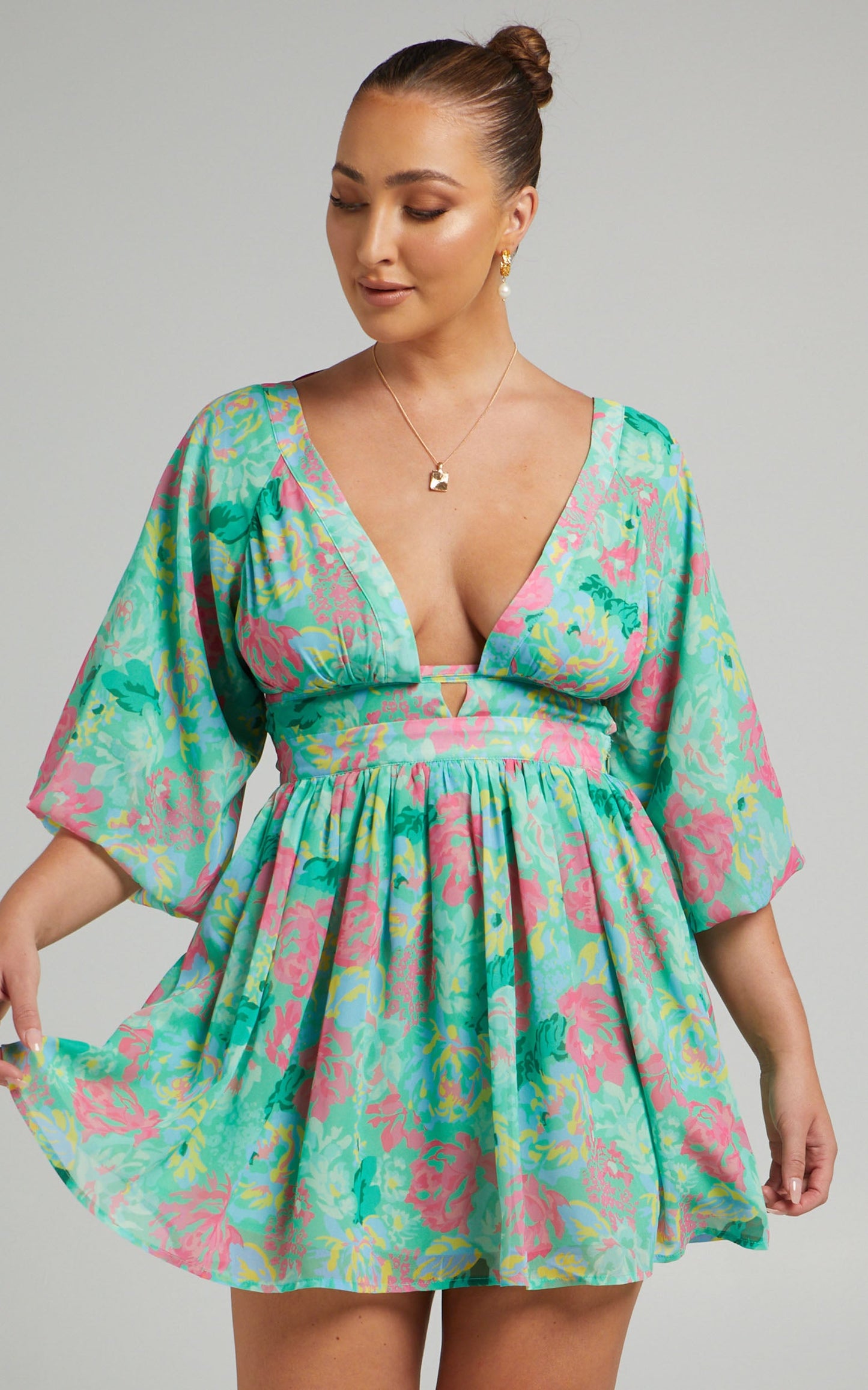 Valeraine Balloon Sleeve Open Back Mini Dress in Neon Floral