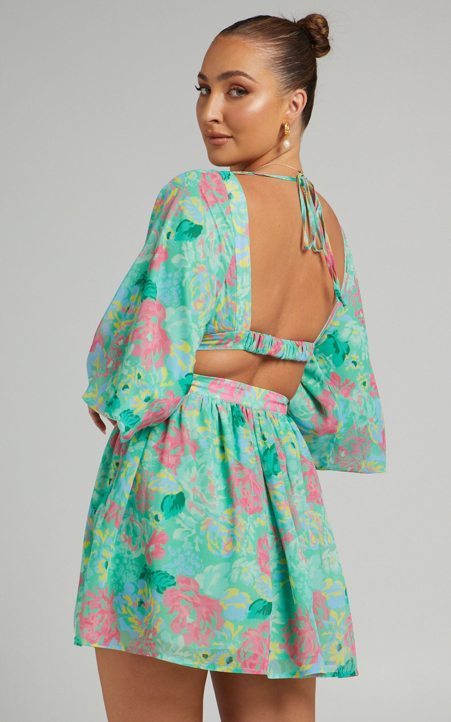 Valeraine Balloon Sleeve Open Back Mini Dress in Neon Floral