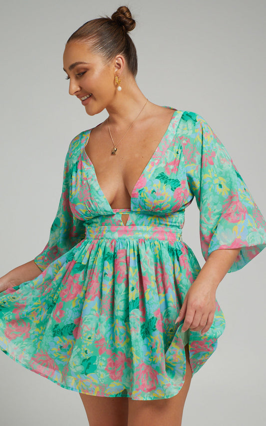 Valeraine Balloon Sleeve Open Back Mini Dress in Neon Floral
