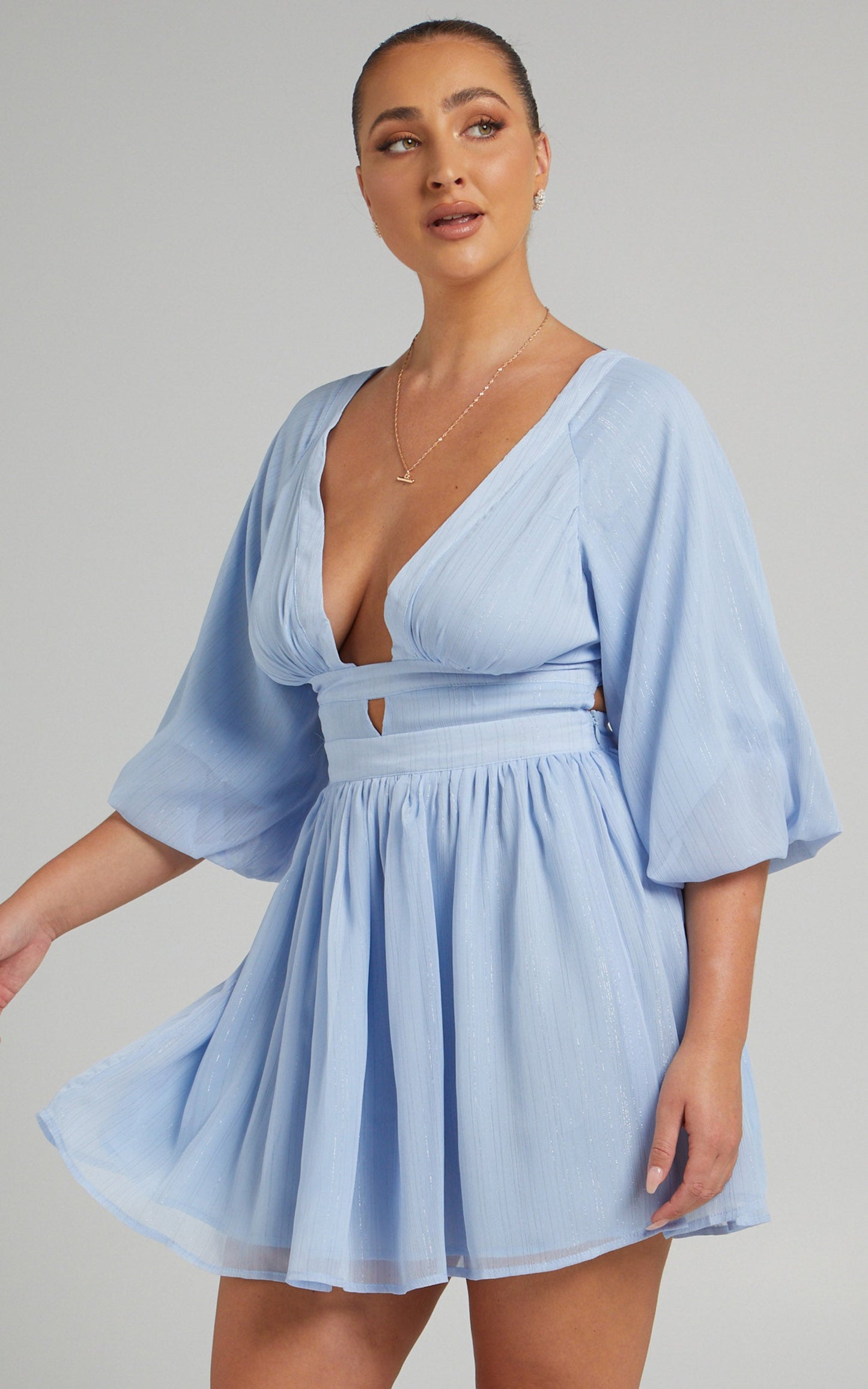 Valeraine Balloon Sleeve Open Back Mini Dress in Steel Blue