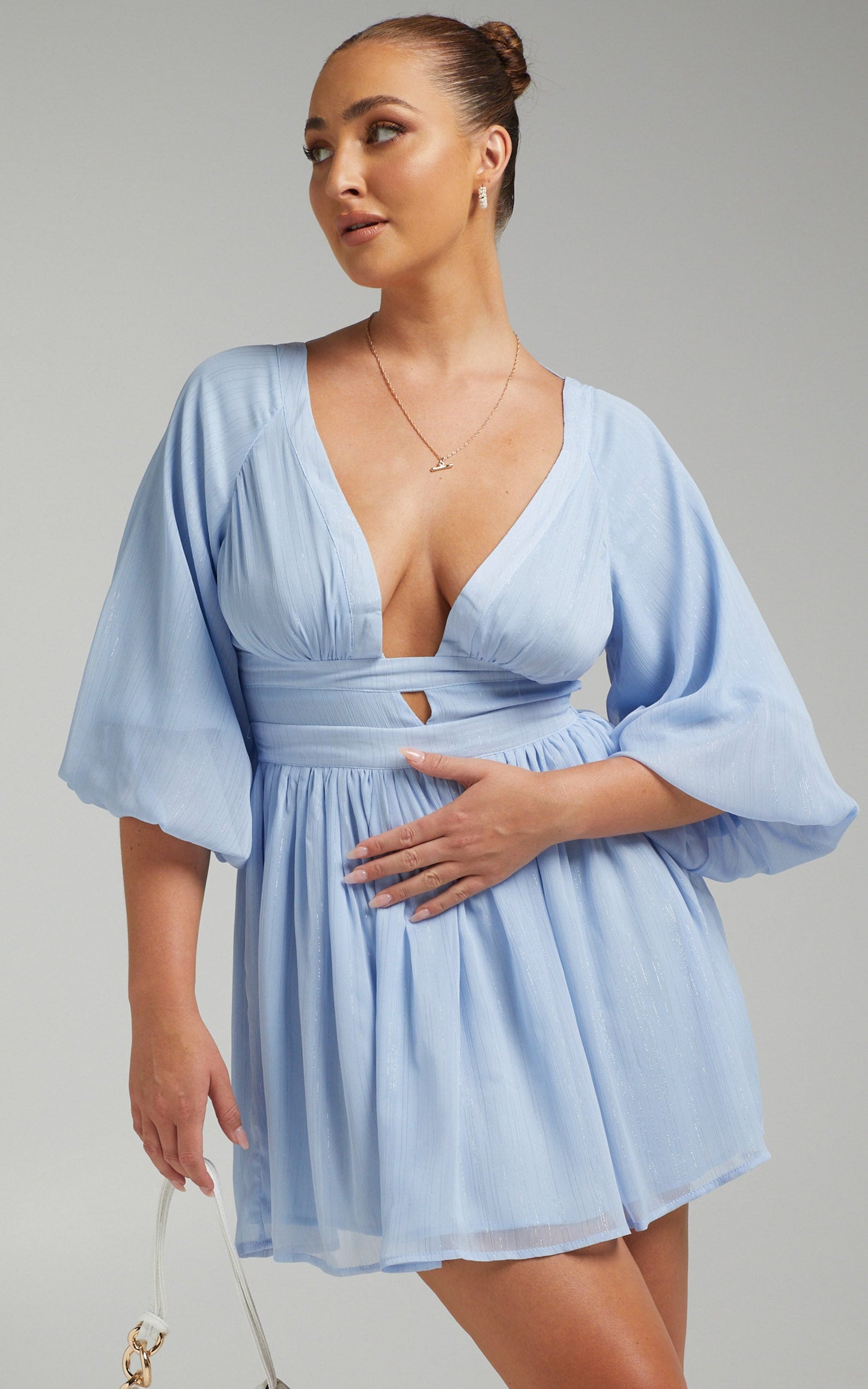 Valeraine Balloon Sleeve Open Back Mini Dress in Steel Blue