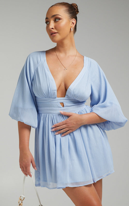Valeraine Balloon Sleeve Open Back Mini Dress in Steel Blue