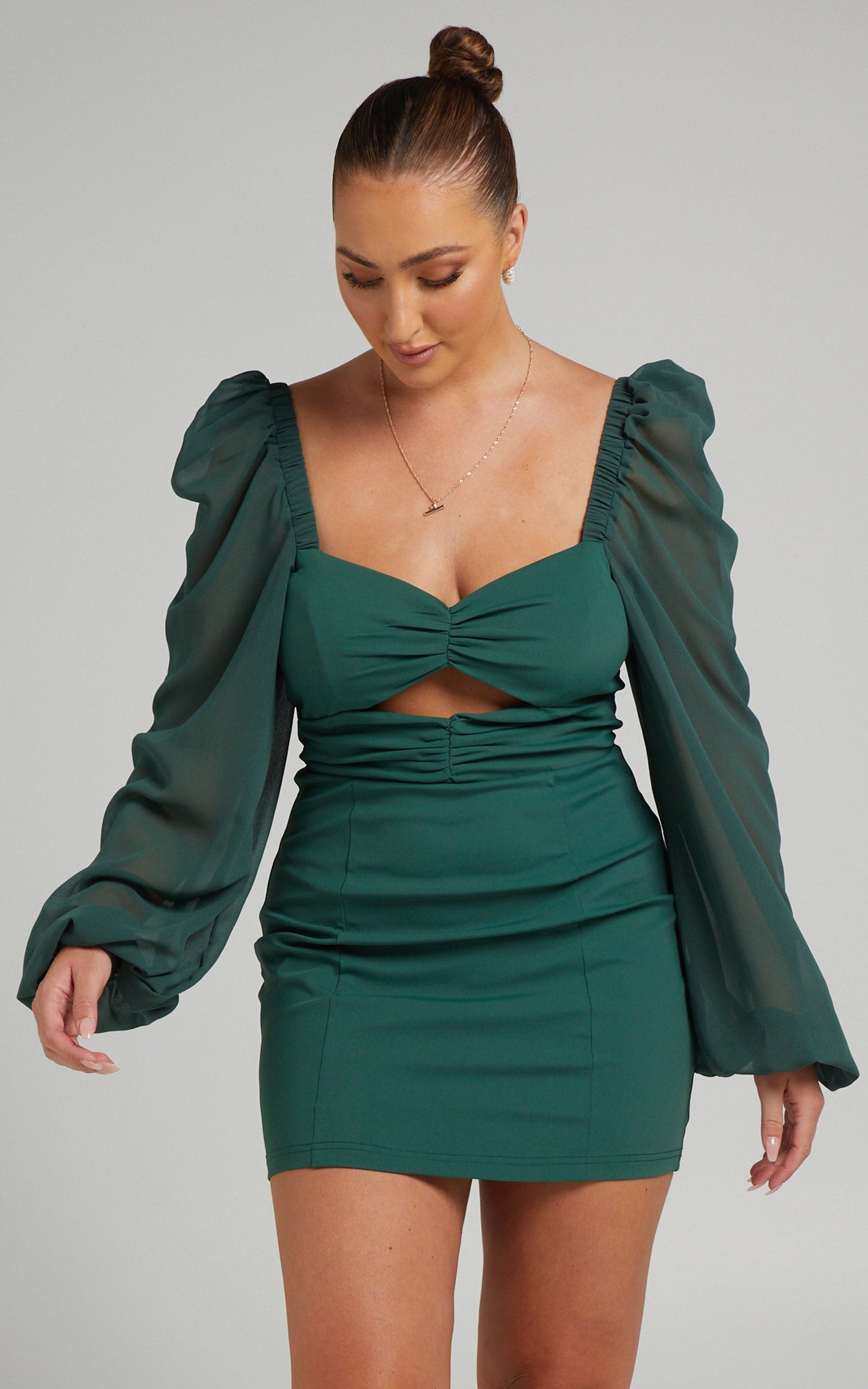 Lilian Mini Dress - Chiffon Sleeve Cut Out Dress in Emerald