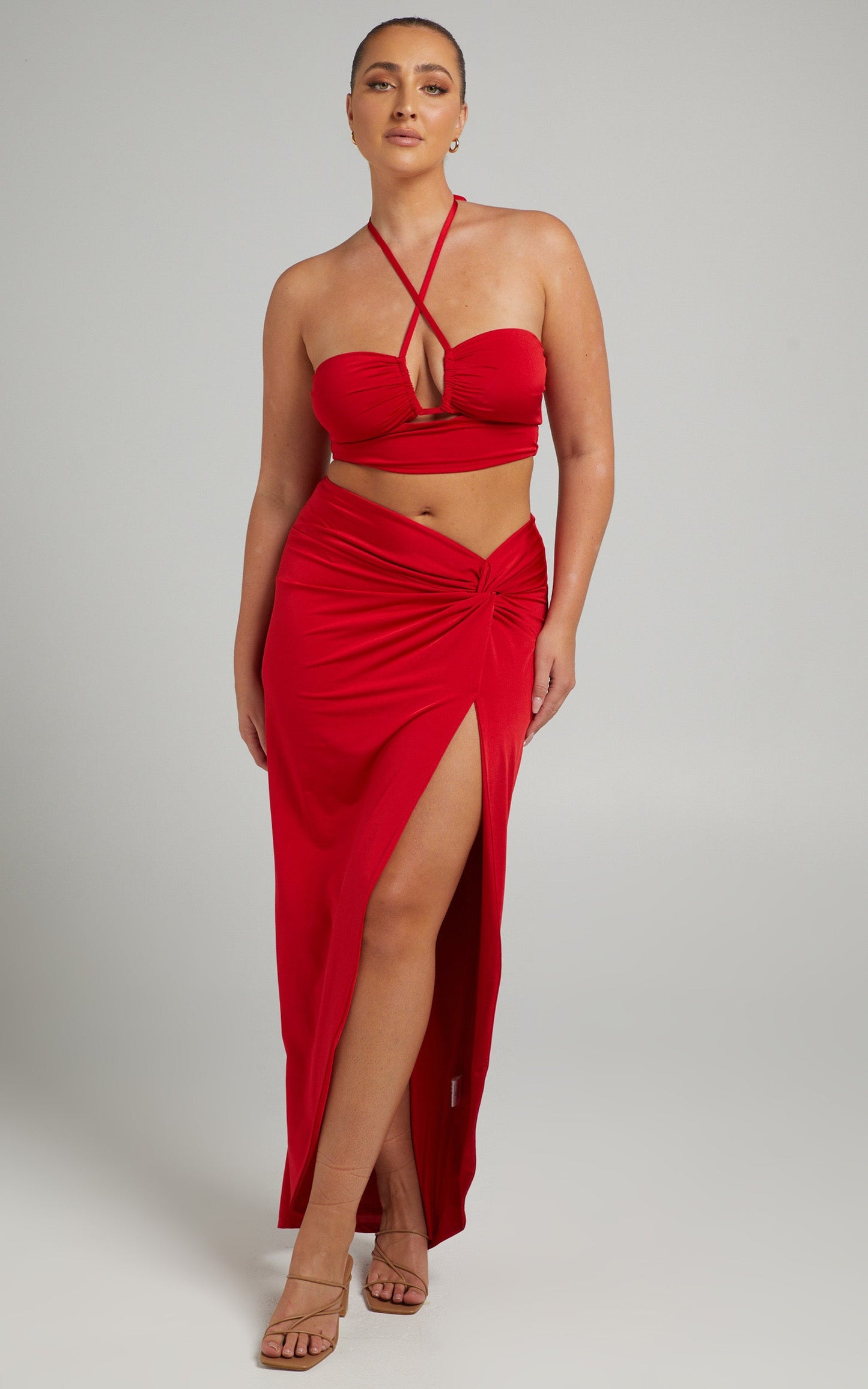 Forrest Two Piece Set - Halter Neck Top and Twist Midi Skirt Set in Red