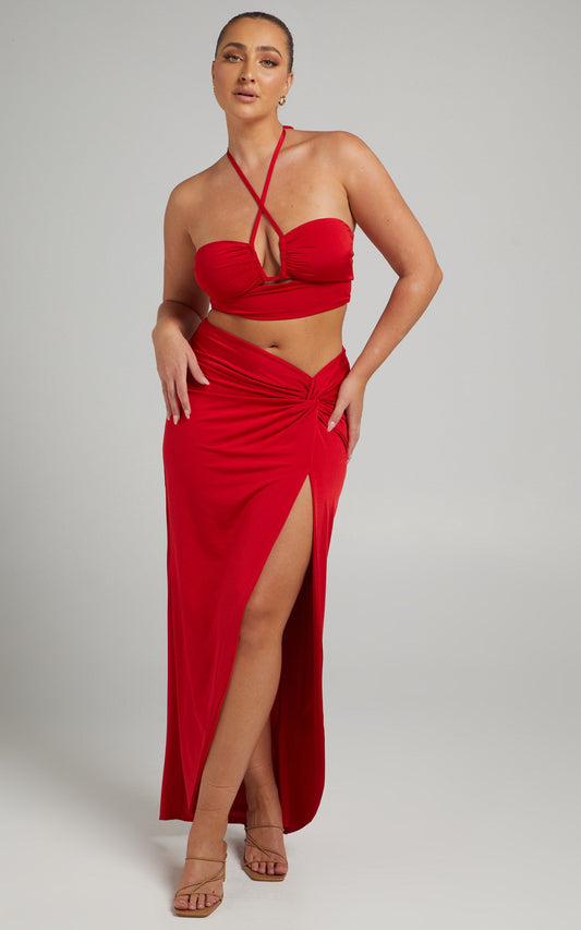 Forrest Two Piece Set - Halter Neck Top and Twist Midi Skirt Set in Red