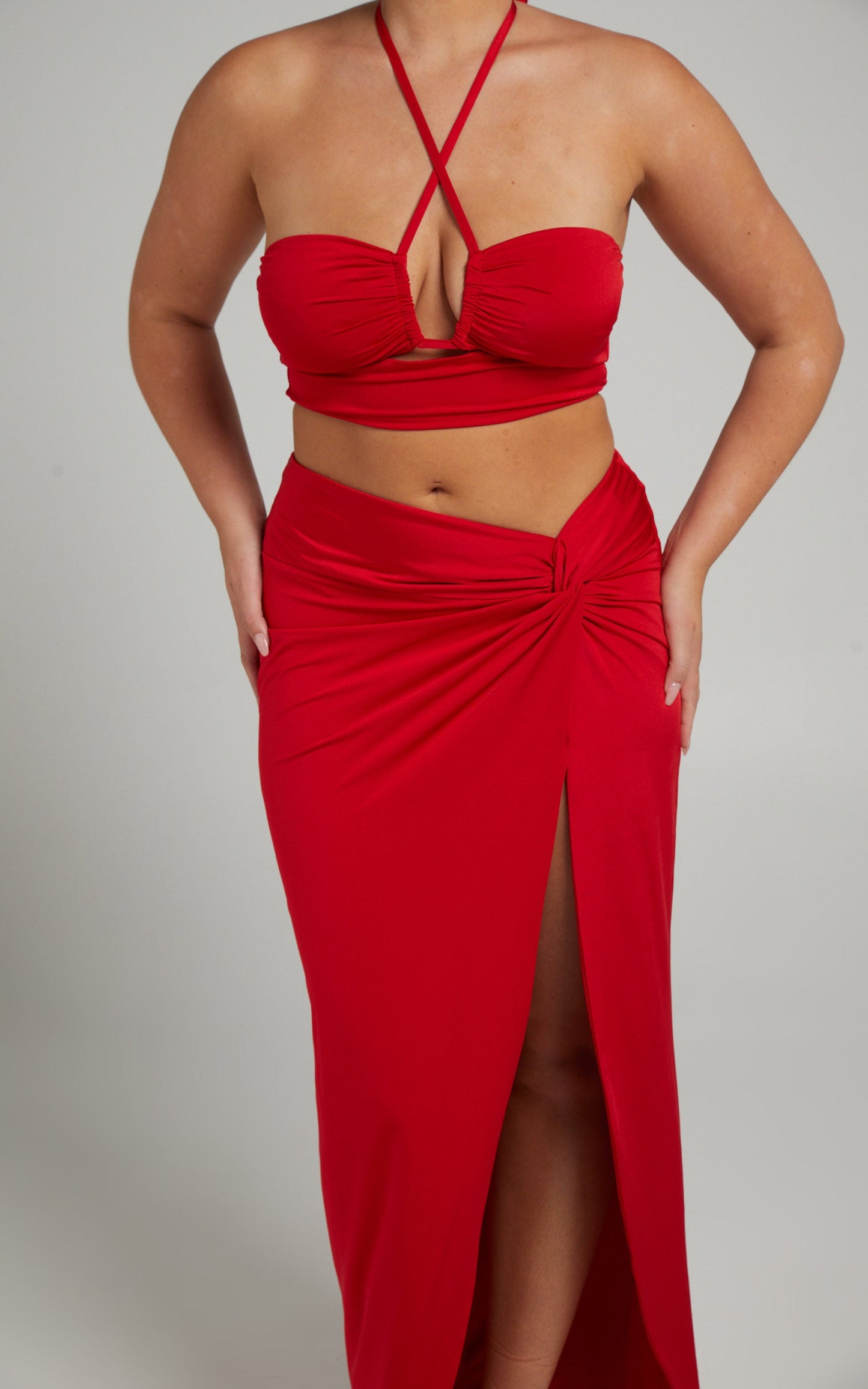 Forrest Two Piece Set - Halter Neck Top and Twist Midi Skirt Set in Red