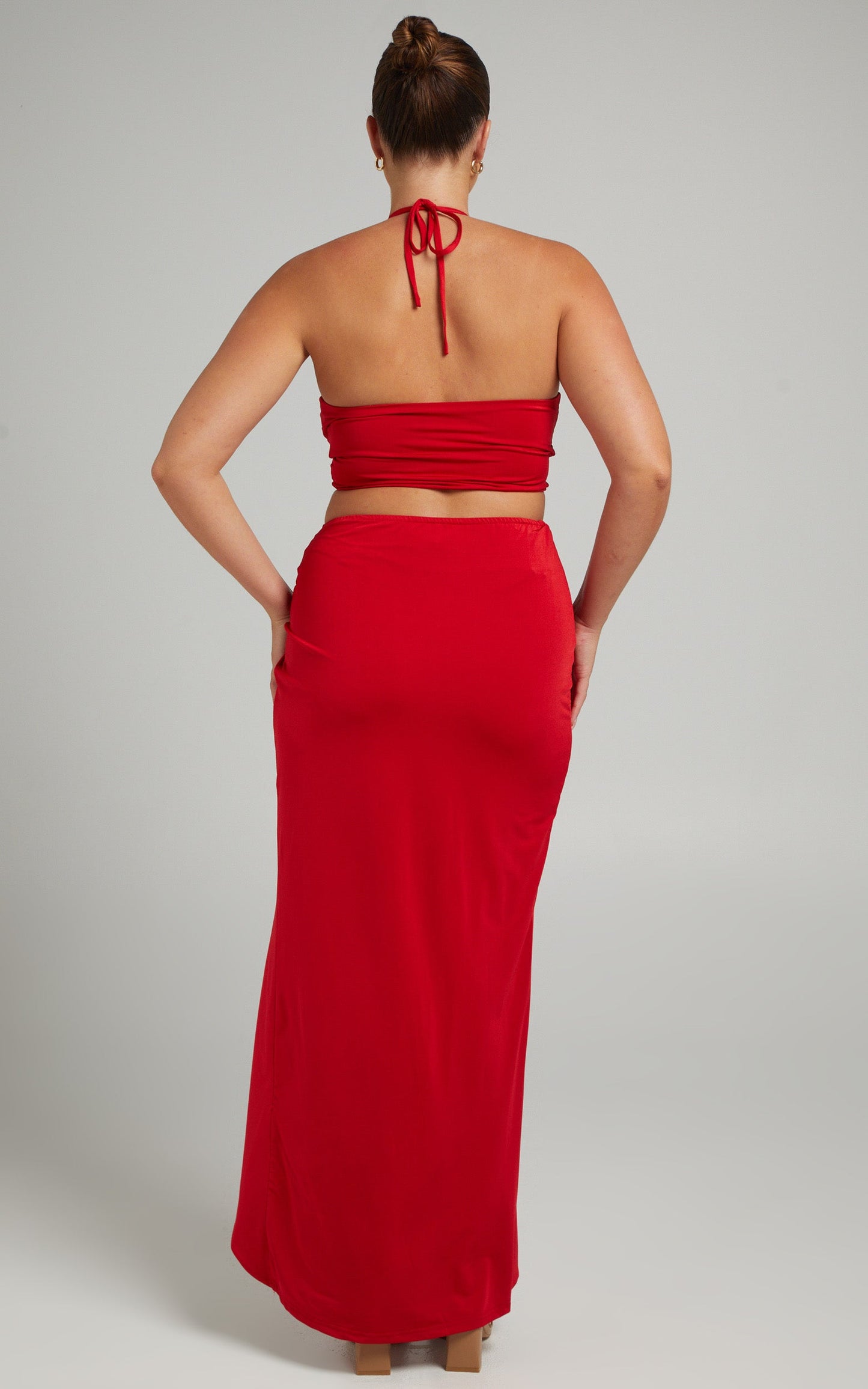 Forrest Two Piece Set - Halter Neck Top and Twist Midi Skirt Set in Red