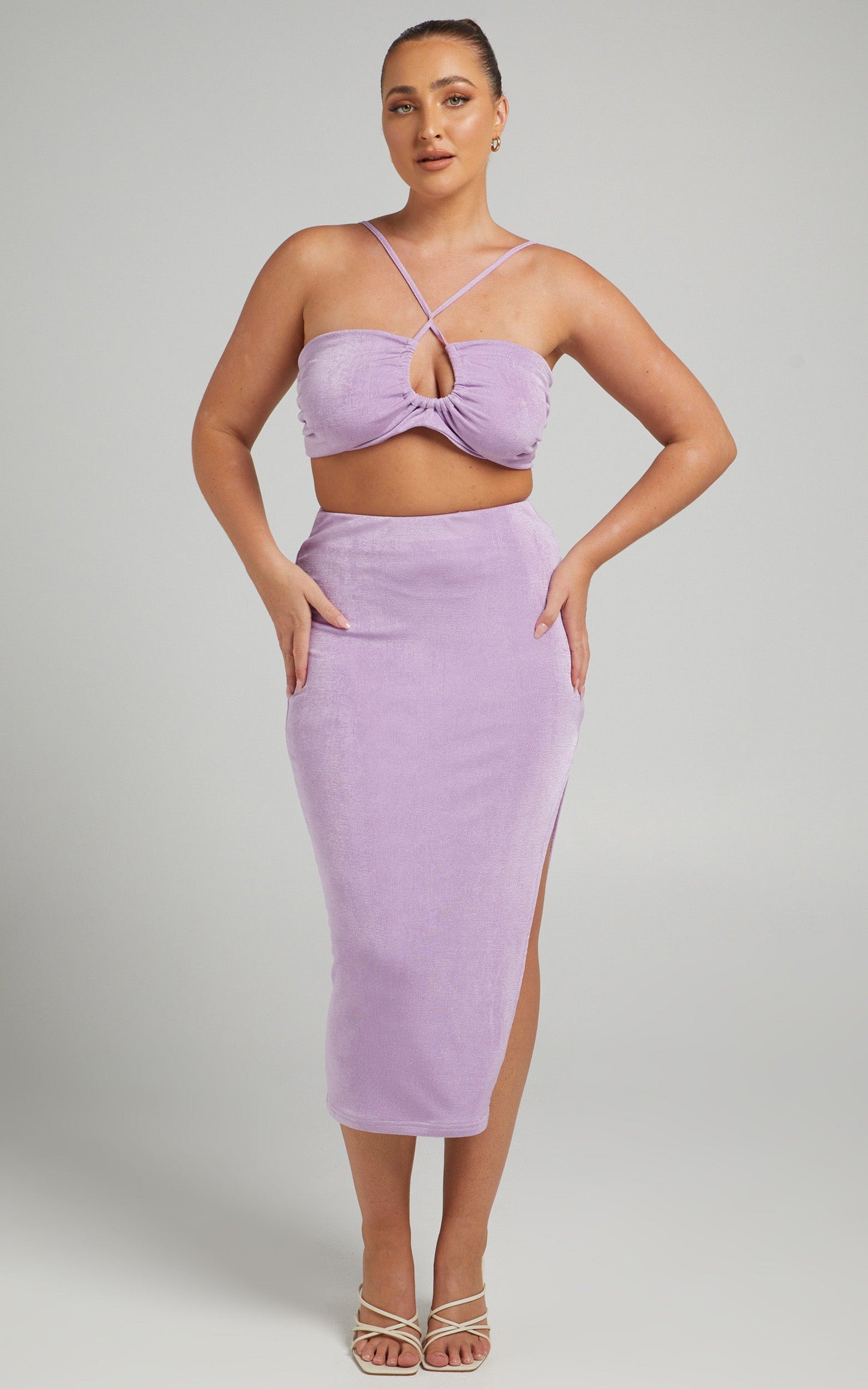 Geneva Bandeau Top Midi Skirt Two Piece Set in Lilac