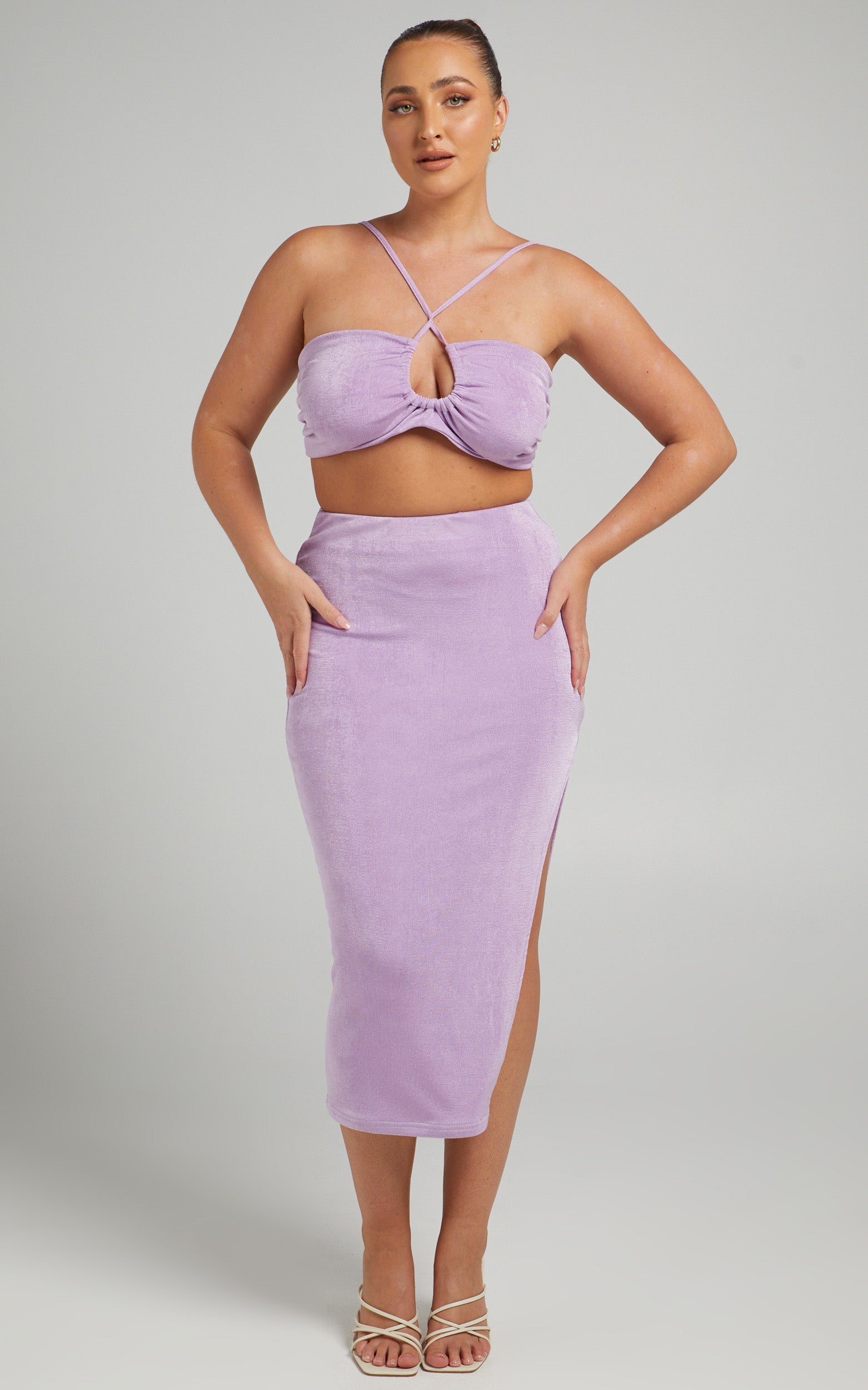 Geneva Bandeau Top Midi Skirt Two Piece Set in Lilac
