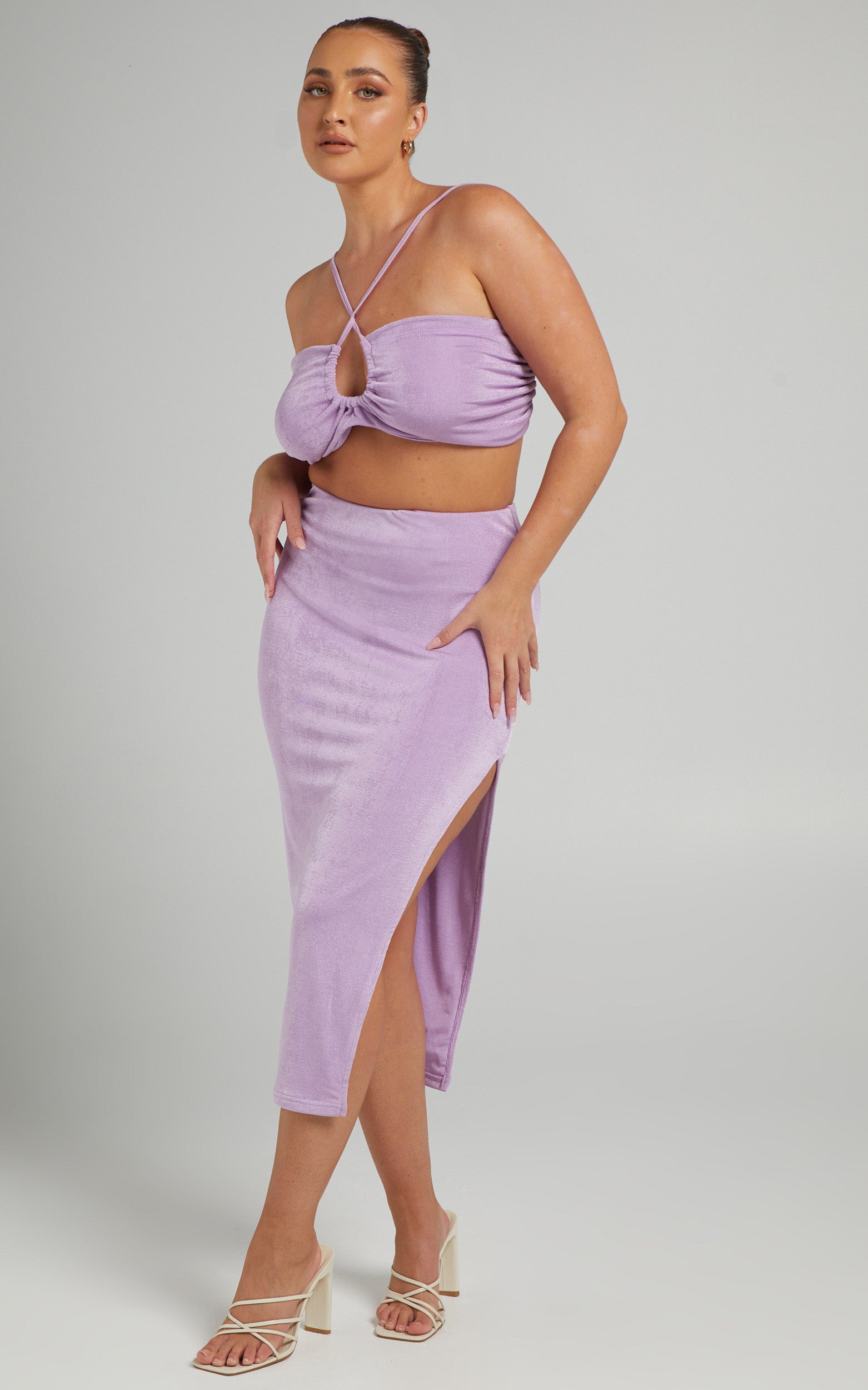 Geneva Bandeau Top Midi Skirt Two Piece Set in Lilac
