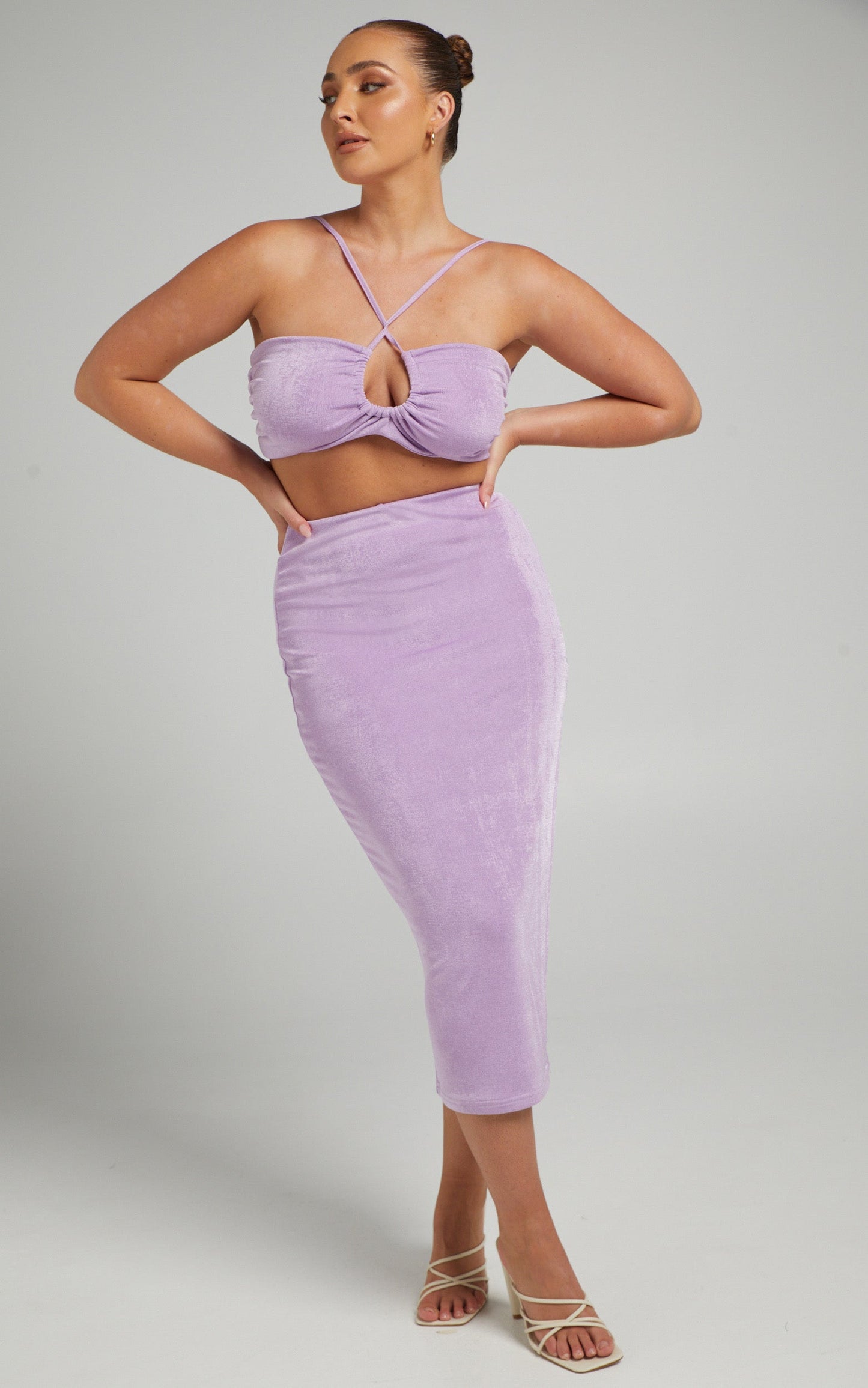 Geneva Bandeau Top Midi Skirt Two Piece Set in Lilac