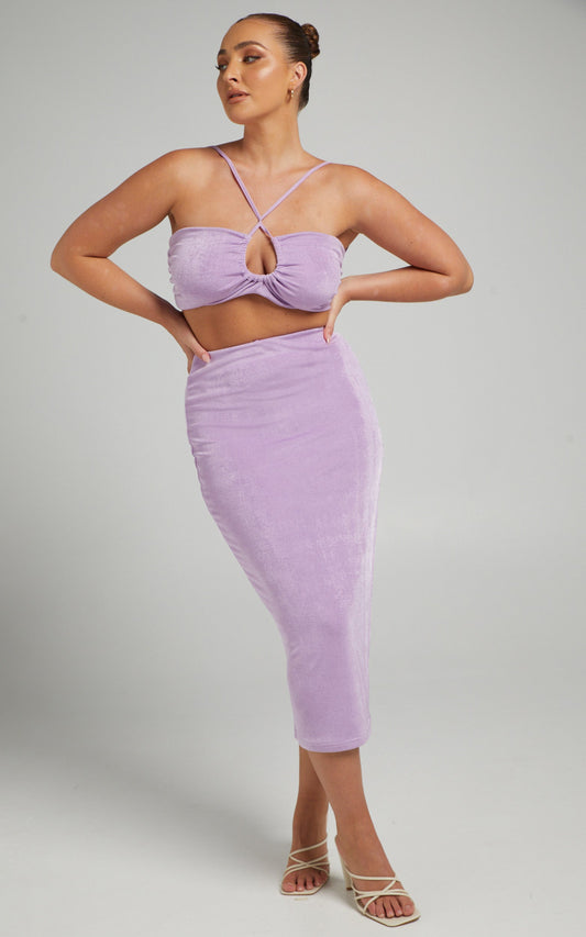 Geneva Bandeau Top Midi Skirt Two Piece Set in Lilac