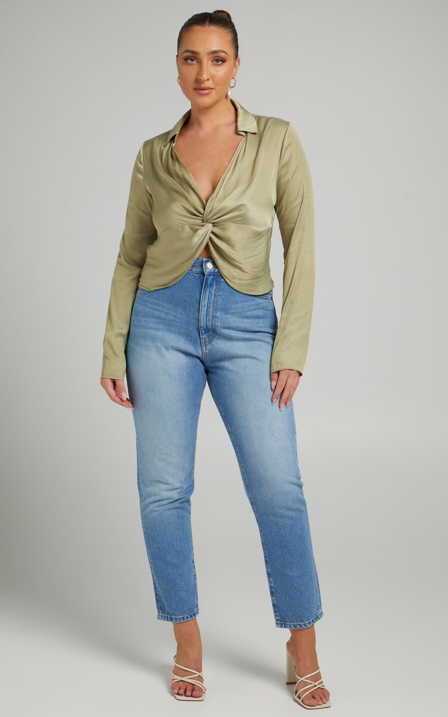 Elexis Top - Twist Front Long Sleeve Top in Green
