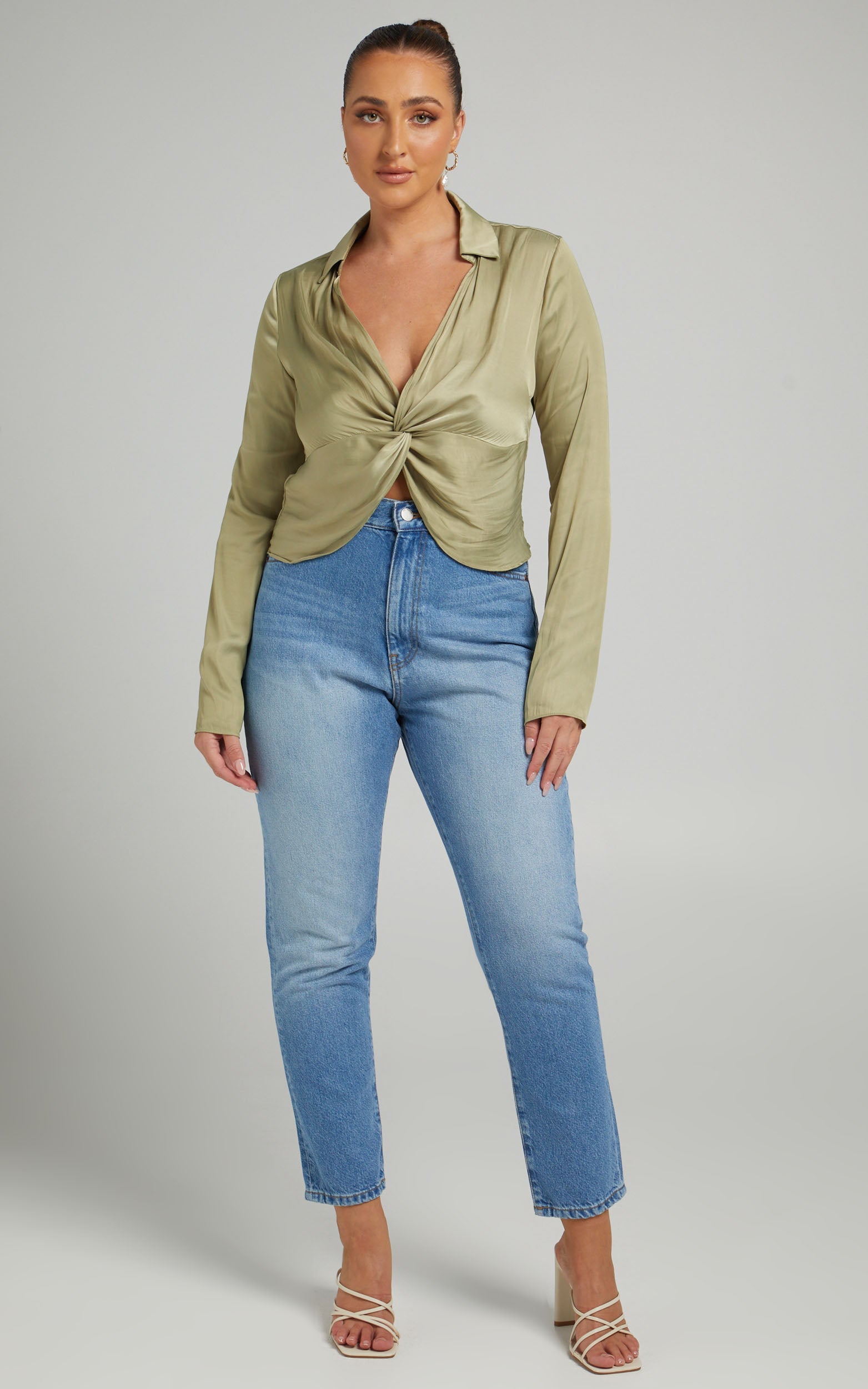Elexis Top - Twist Front Long Sleeve Top in Green
