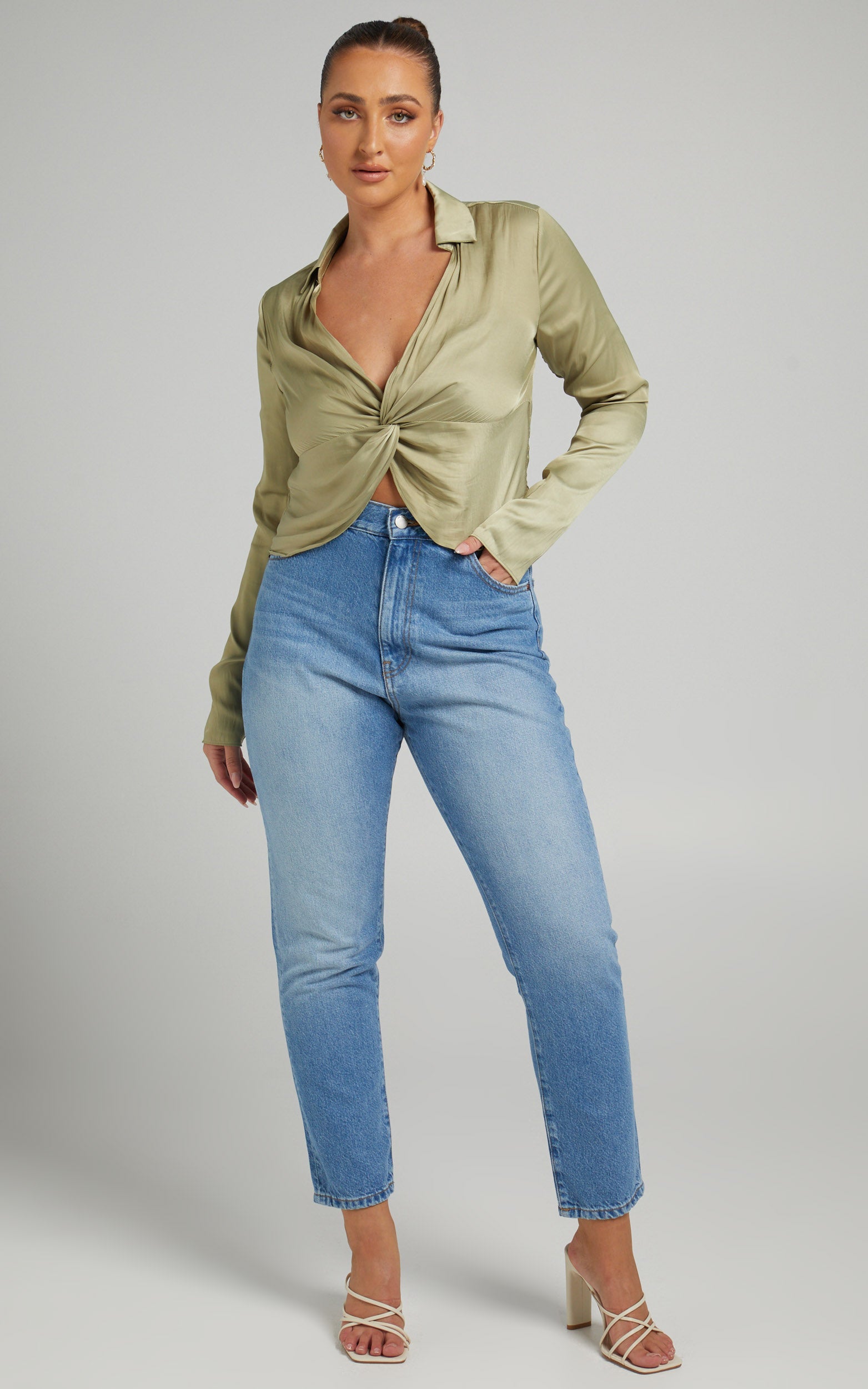 Elexis Top - Twist Front Long Sleeve Top in Green