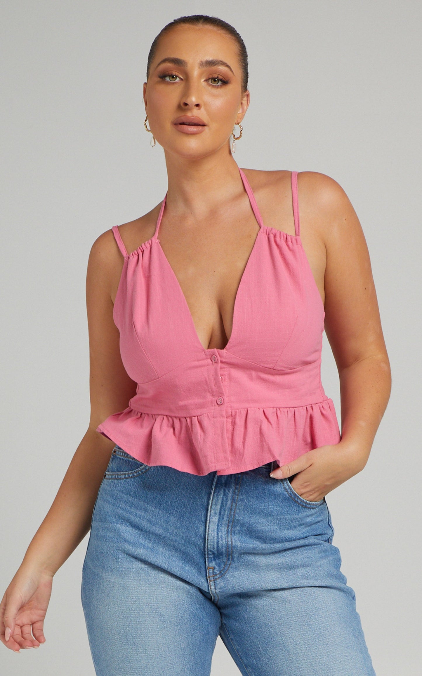 Evangie Top - Linen Double Strap Peplum Top in Pink