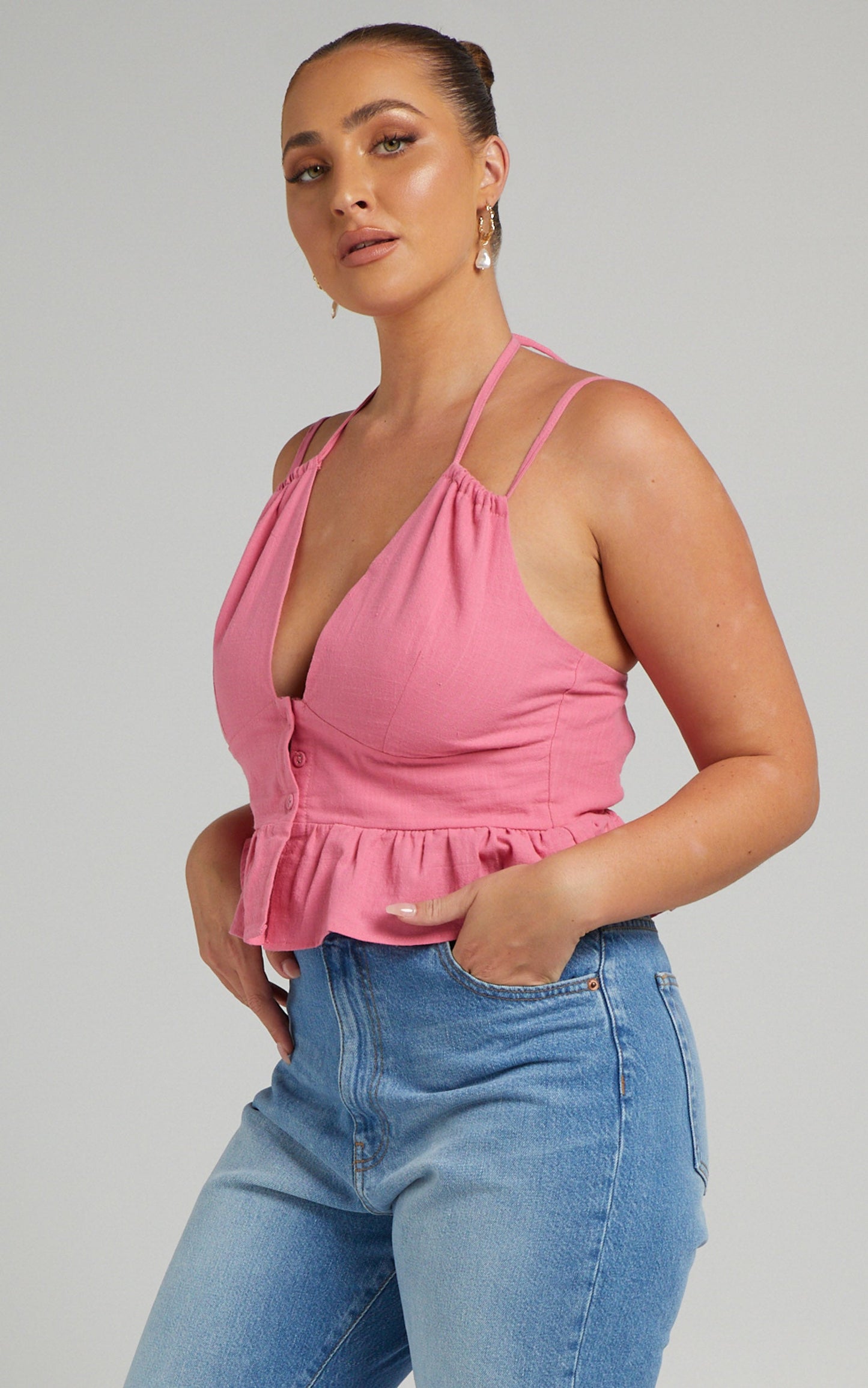 Evangie Top - Linen Double Strap Peplum Top in Pink