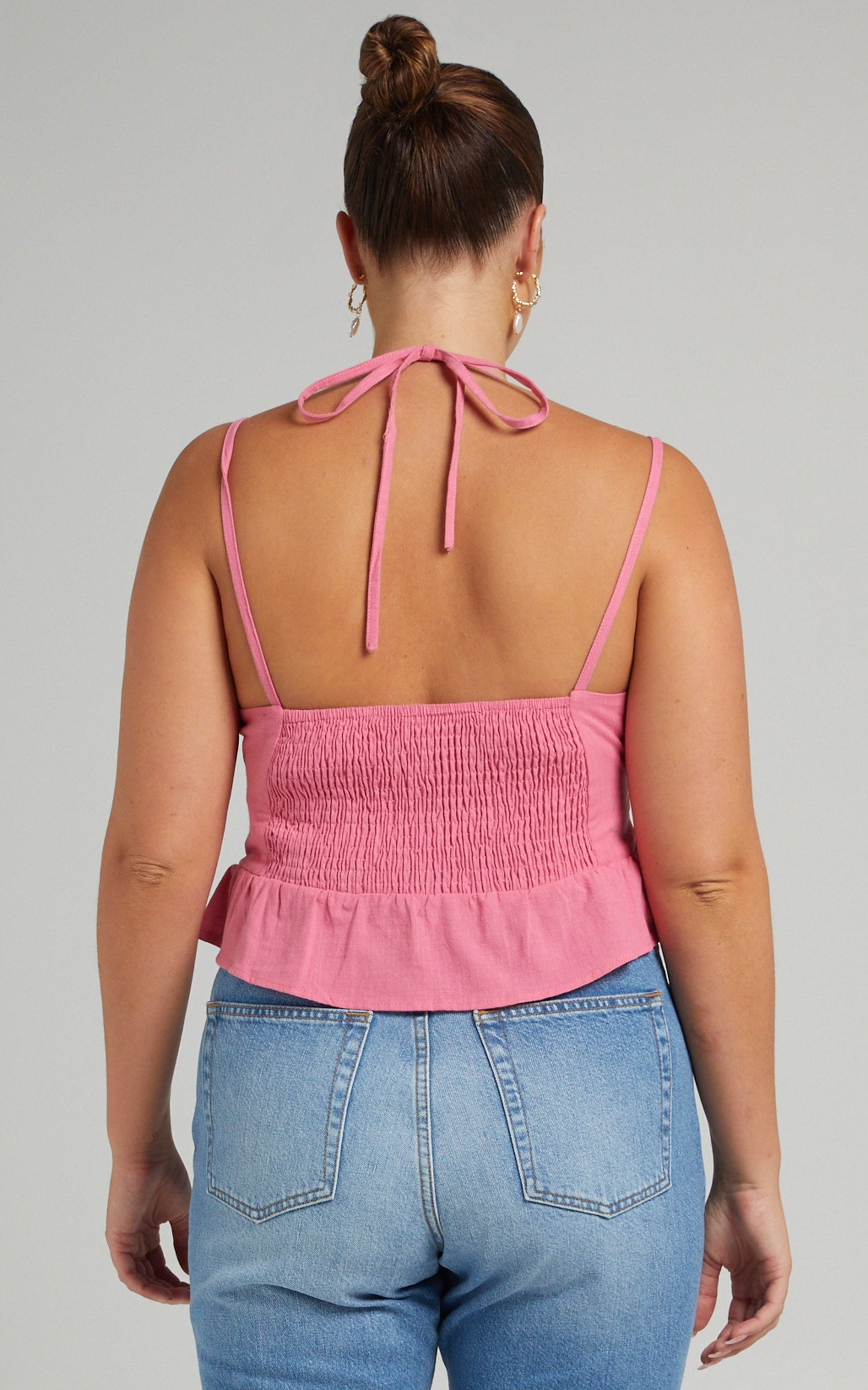 Evangie Top - Linen Double Strap Peplum Top in Pink