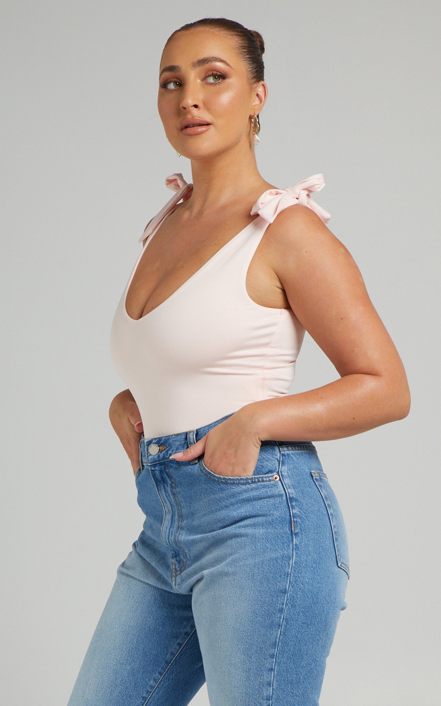 Ryley Bodysuit - V Neck Tie Up Bodysuit in Pink