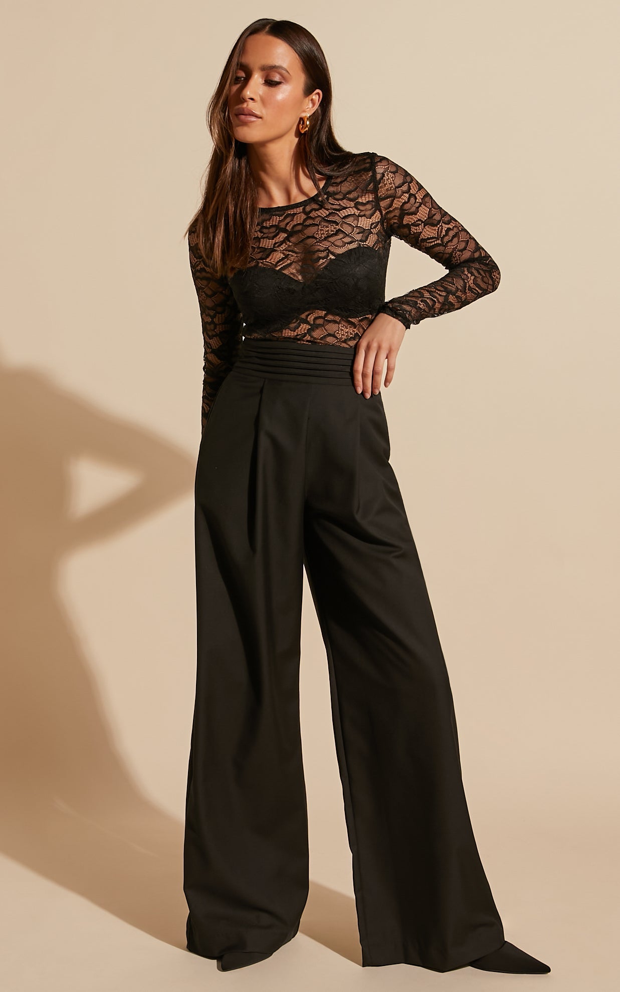 Hirna - High Waisted Pin Tuck Waist Detail Wide Leg Pants in Black