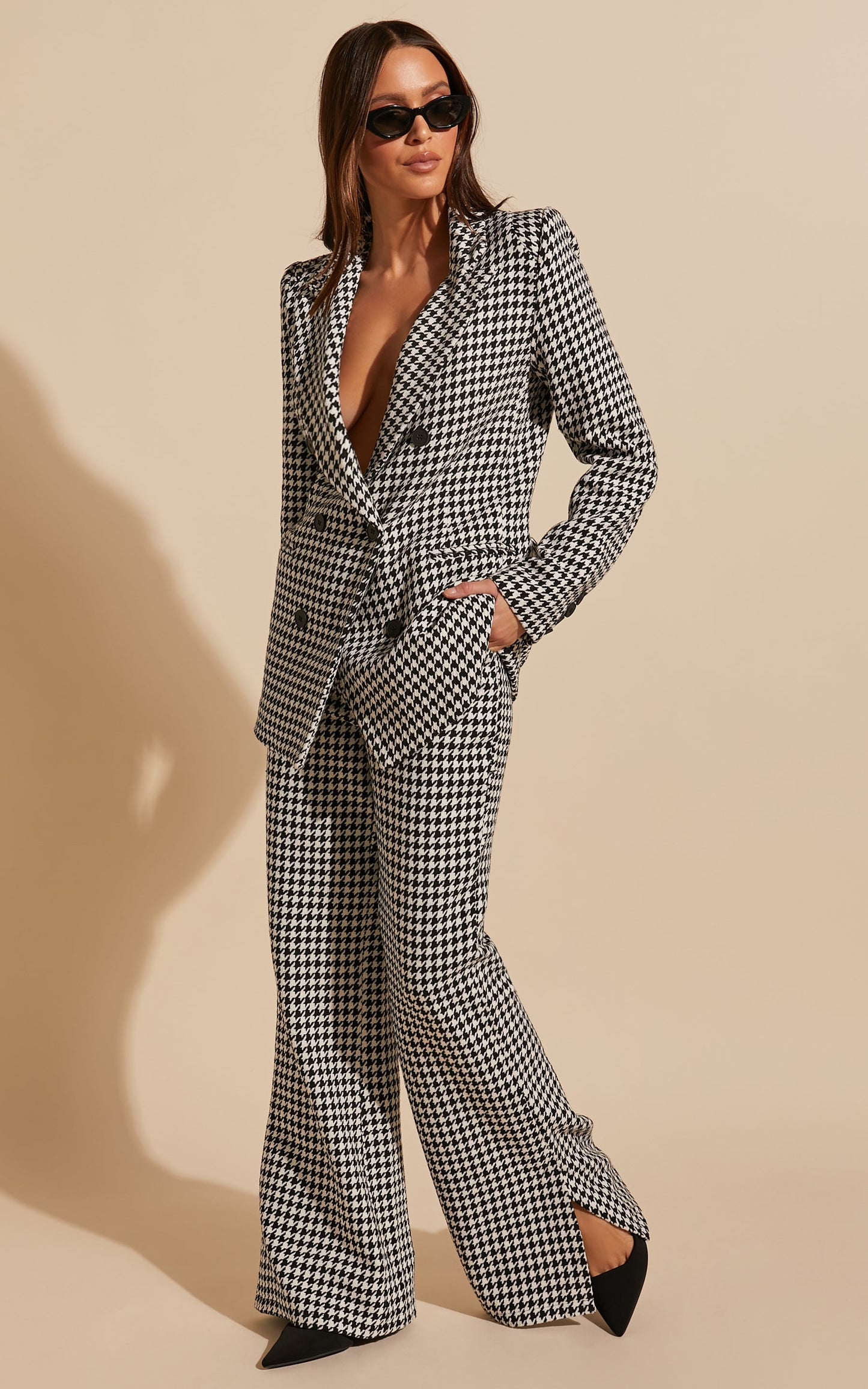Minie Pants - High Waisted Tailored Split Leg Pants in Black and White Check