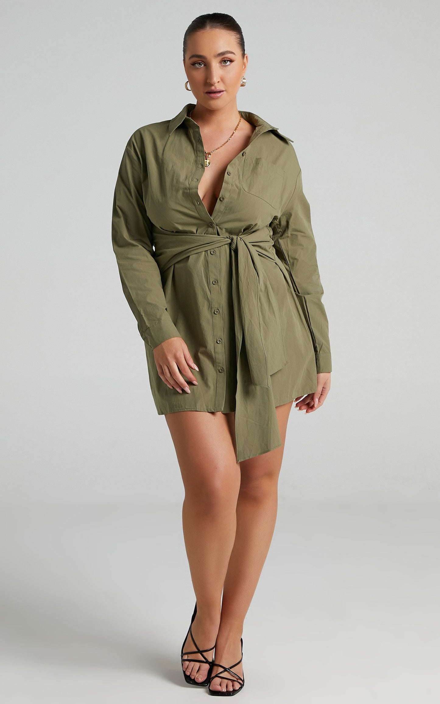 Macie Mini Dress - Tie Front Shirt Dress in Khaki