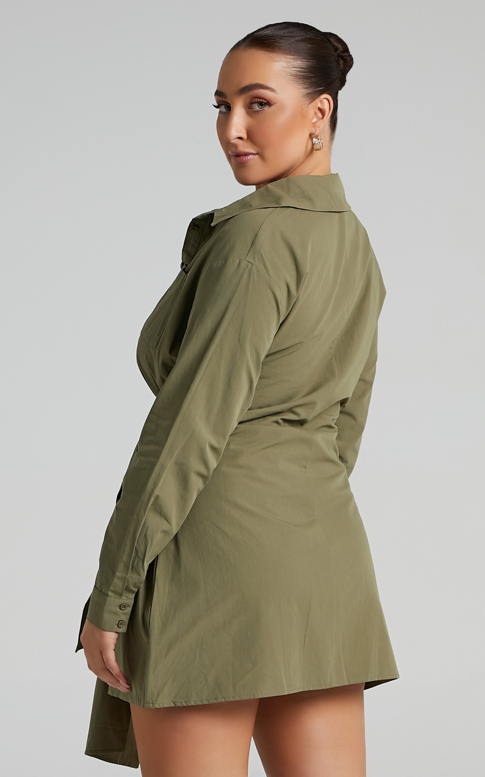 Macie Mini Dress - Tie Front Shirt Dress in Khaki