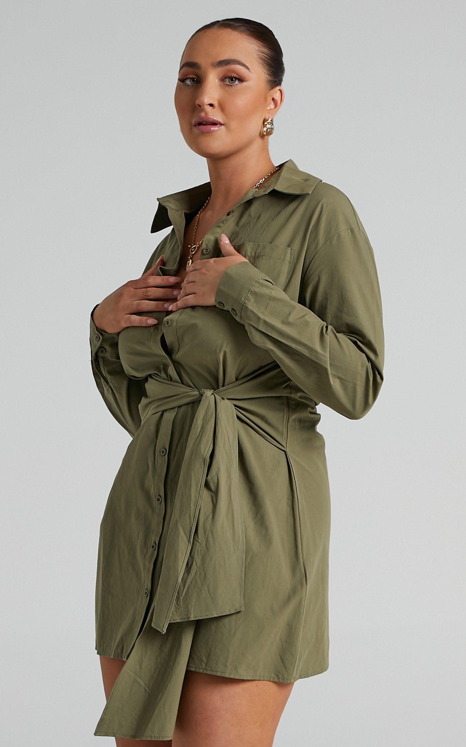 Macie Mini Dress - Tie Front Shirt Dress in Khaki