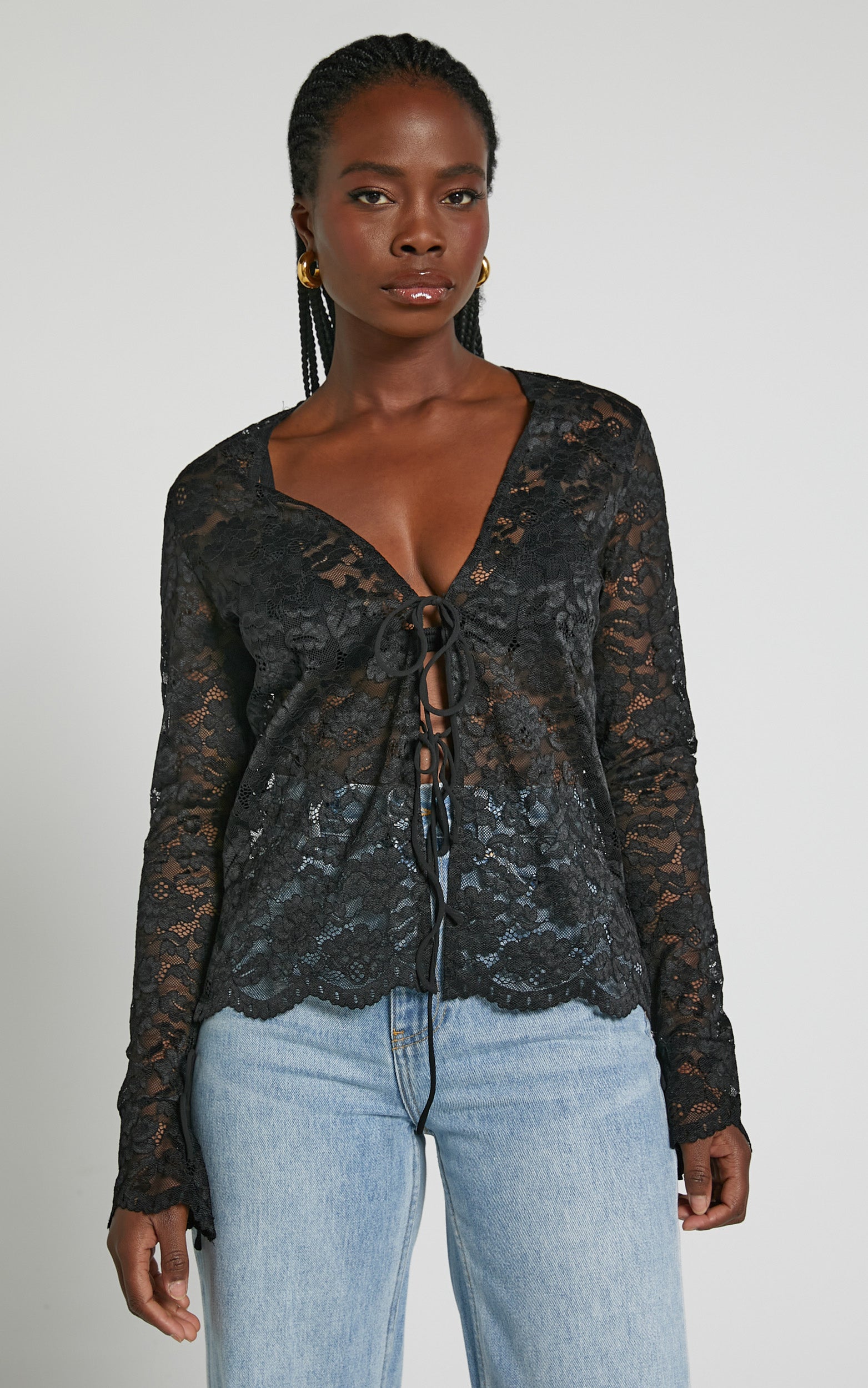 Mackenzie Top - Long Sleeve Tie Front in Black