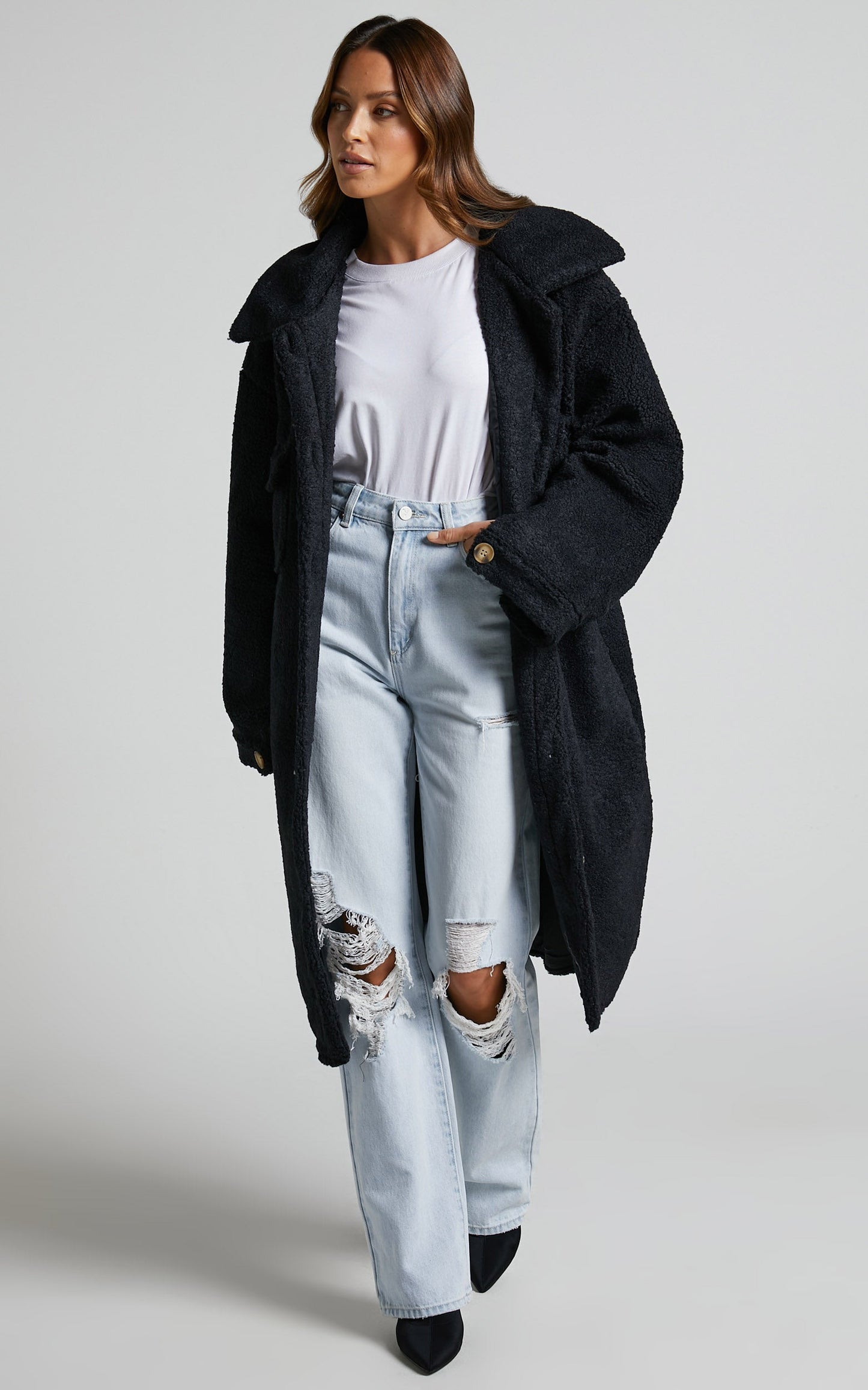 Maddie Coat - Longline Teddy Coat in Black