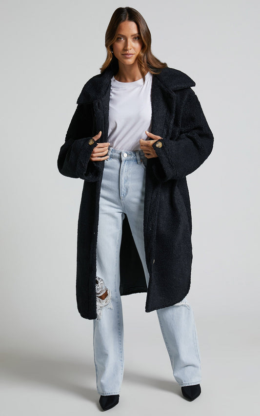 Maddie Coat - Longline Teddy Coat in Black