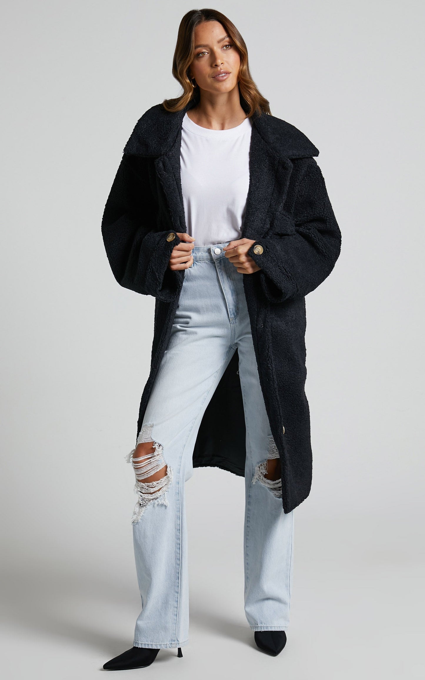 Maddie Coat - Longline Teddy Coat in Black