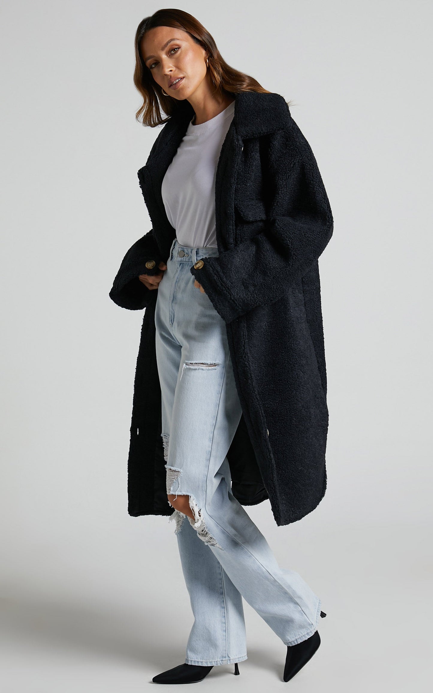 Maddie Coat - Longline Teddy Coat in Black