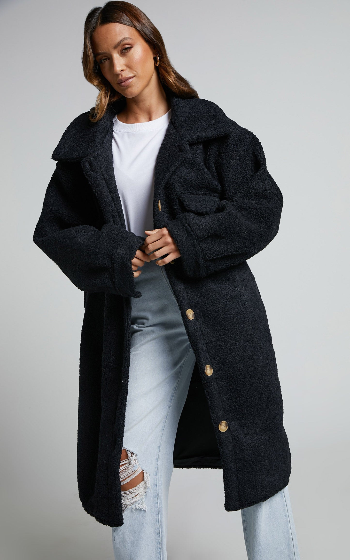 Maddie Coat - Longline Teddy Coat in Black