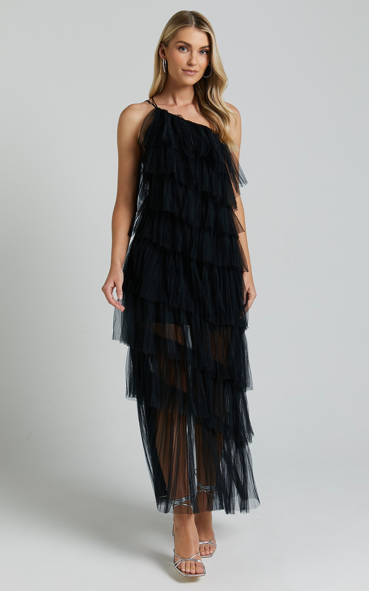 Maddison Midi Dress - Tulle One Shoulder Dress in Black