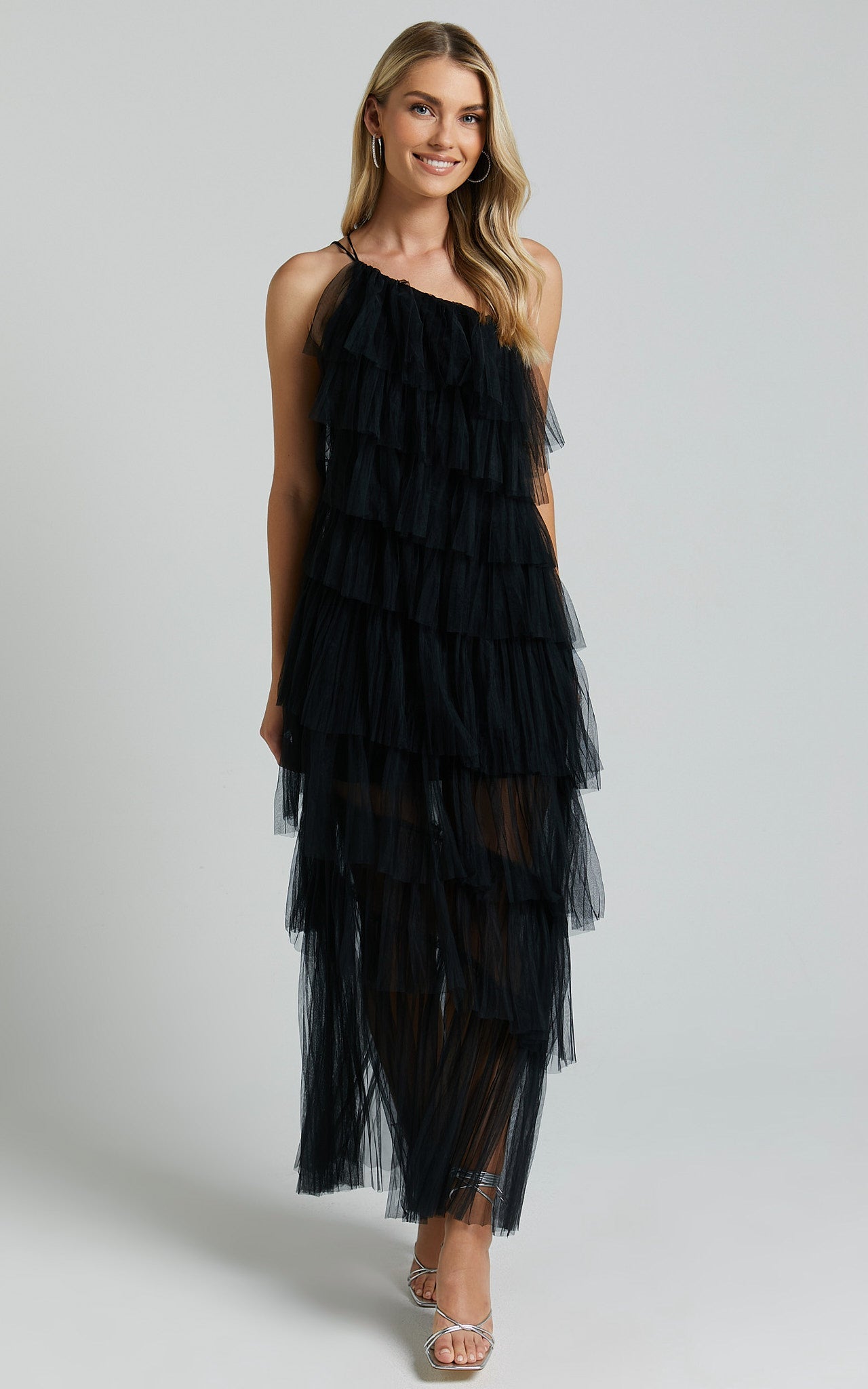 Maddison Midi Dress - Tulle One Shoulder Dress in Black