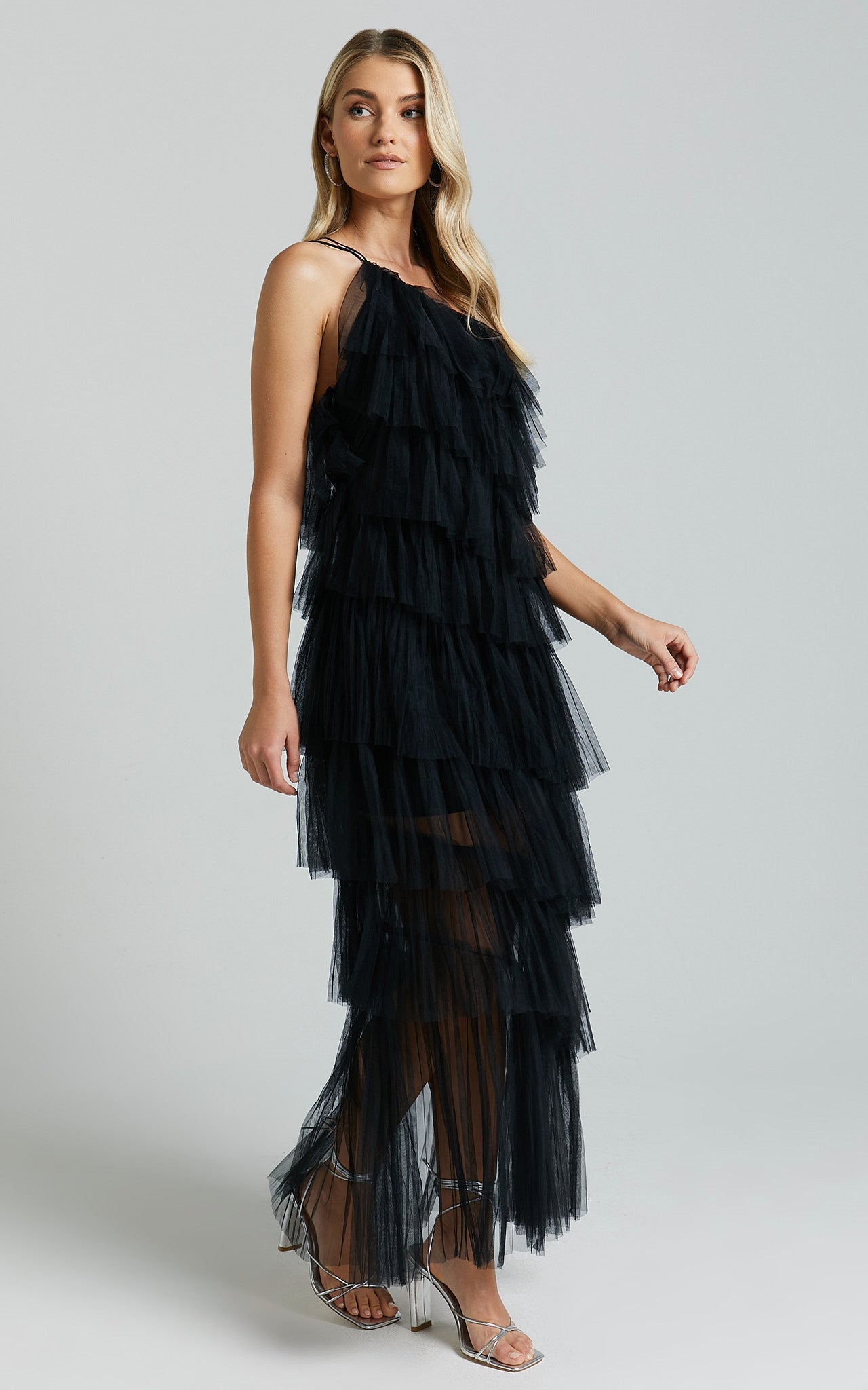 Maddison Midi Dress - Tulle One Shoulder Dress in Black