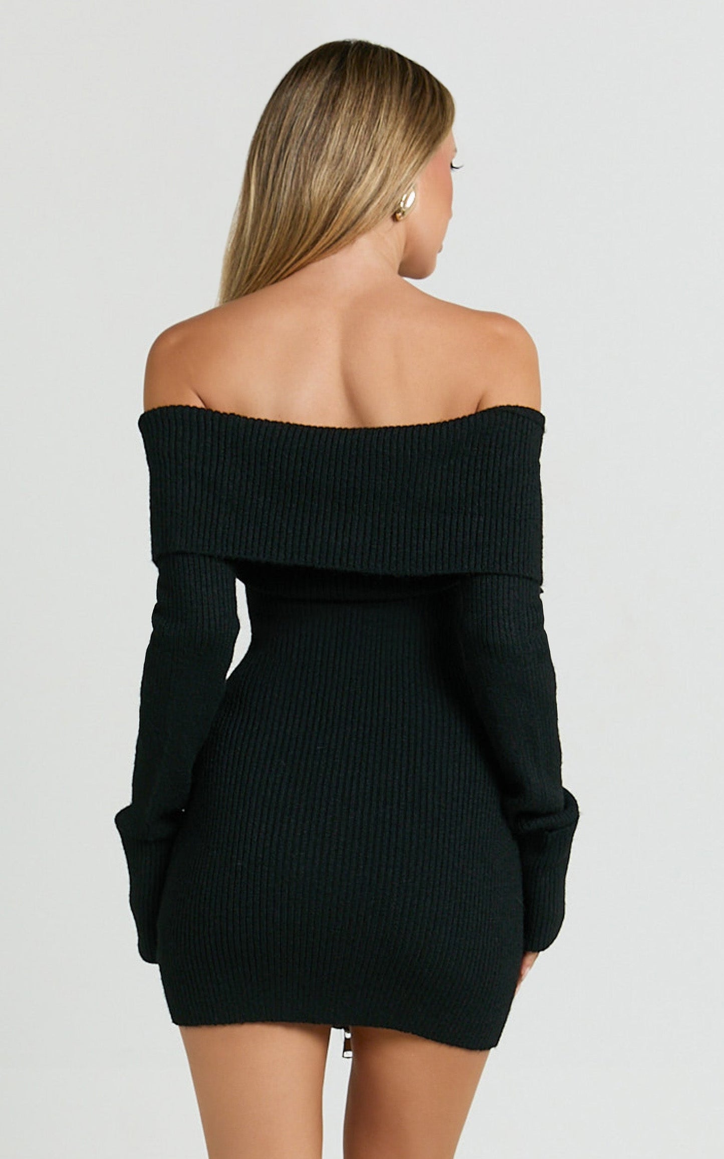 Madeline Mini Dress - Folded Off Shoulder Double Zip Hardware Front Knit Dress in Black